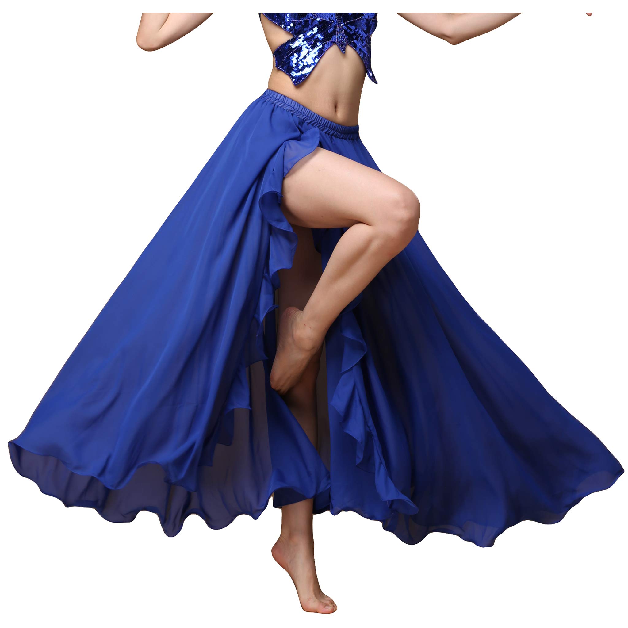 Baisdan Belly Dance Skirt Long Chiffon Slit Skirt Large Swing Skirts for Dance Practice Navy Blue
