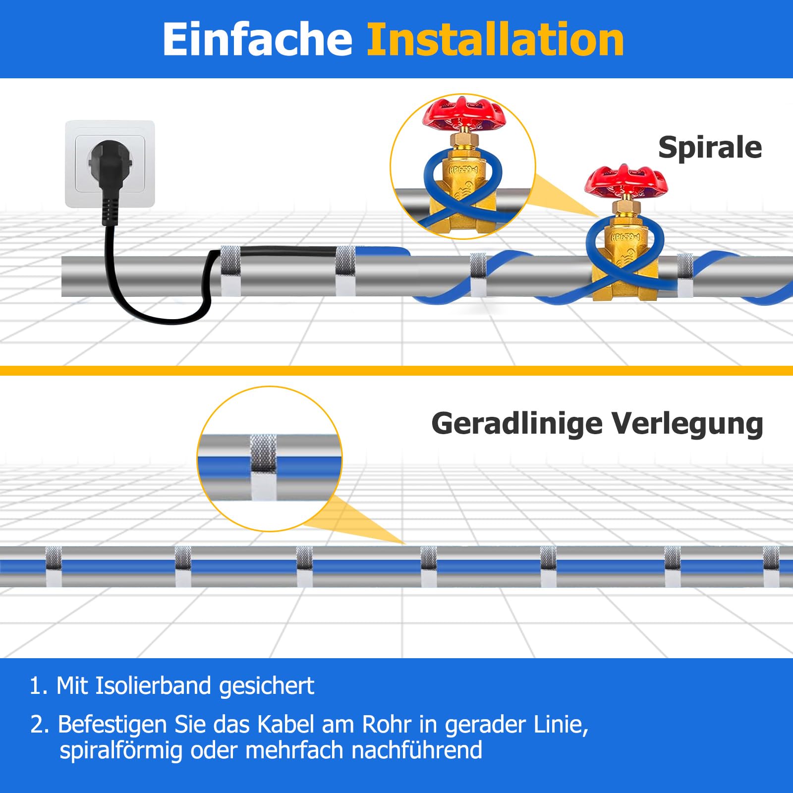 4M Heizkabel mit Thermostat, Frostschutz Heizleitung, 20 W/m Selbstregulierendes Heizband, iP67 Wasserdicht, Zum Schutz Wasserleitungen, Haus, Pool, Teich (4M, Blau)