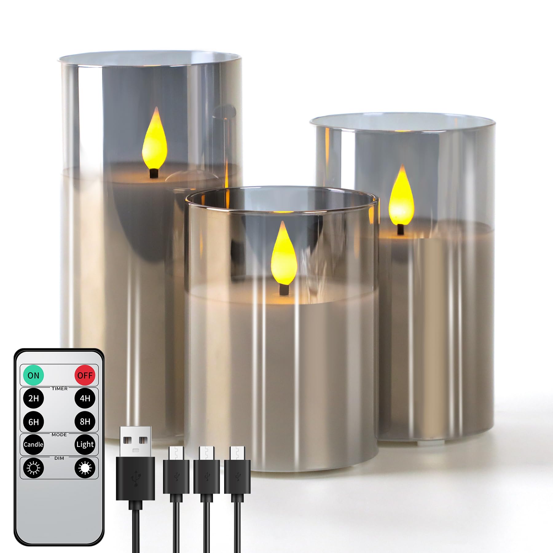 Forever Speed 3 Piezas Vidrio Gris Velas LED Recargable con Mando a Distancia, Regulable Velas Sin Llama con Cable de Carga USB para La Decoración Casera del Partido, Acampar, Boda, Regalos