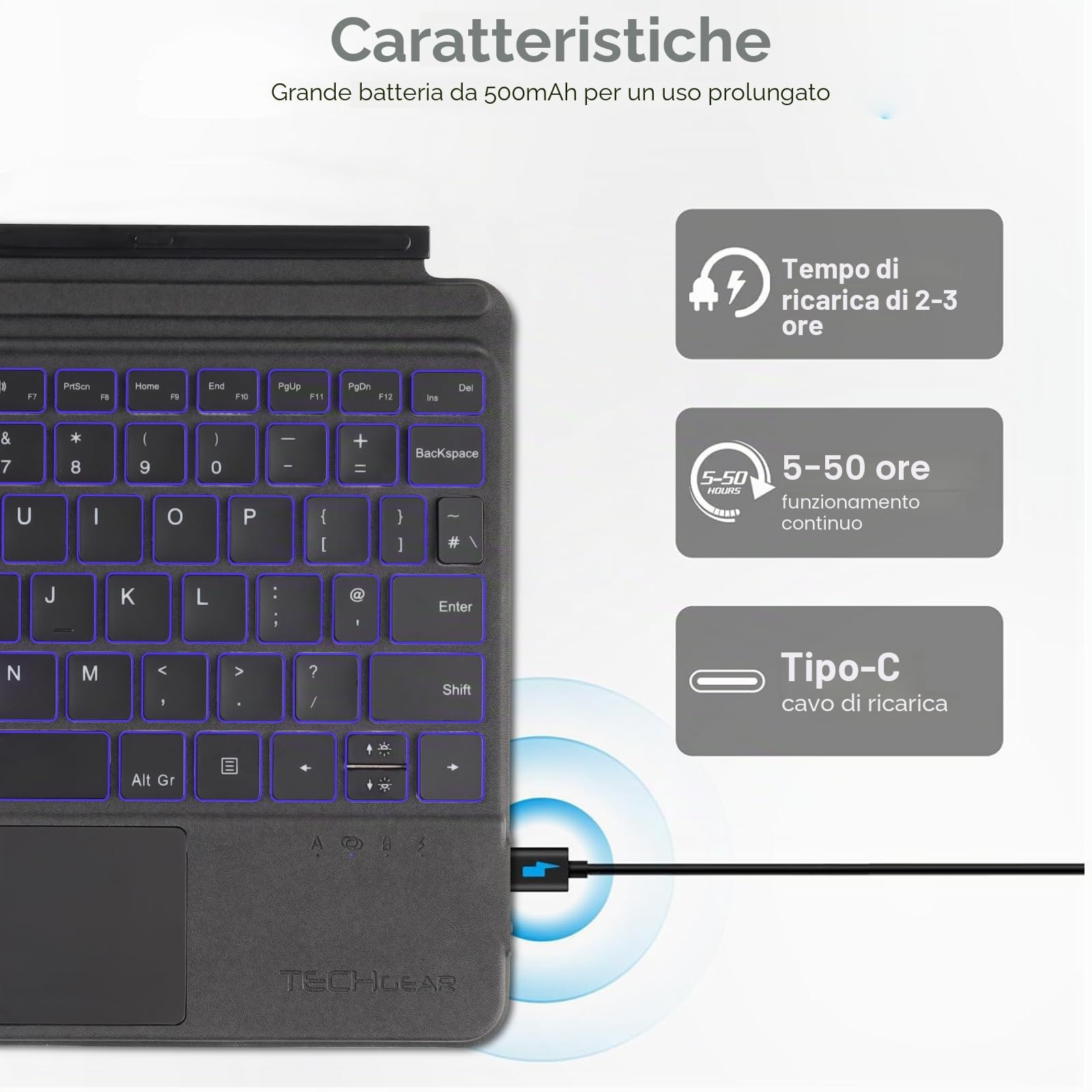 TECHGEAR Tastiera Surface Go per Microsoft Surface Go 1, 2, 3, 4, sottile, wireless, Bluetooth, retroilluminazione, trackpad/touchpad di precisione, QWERTY