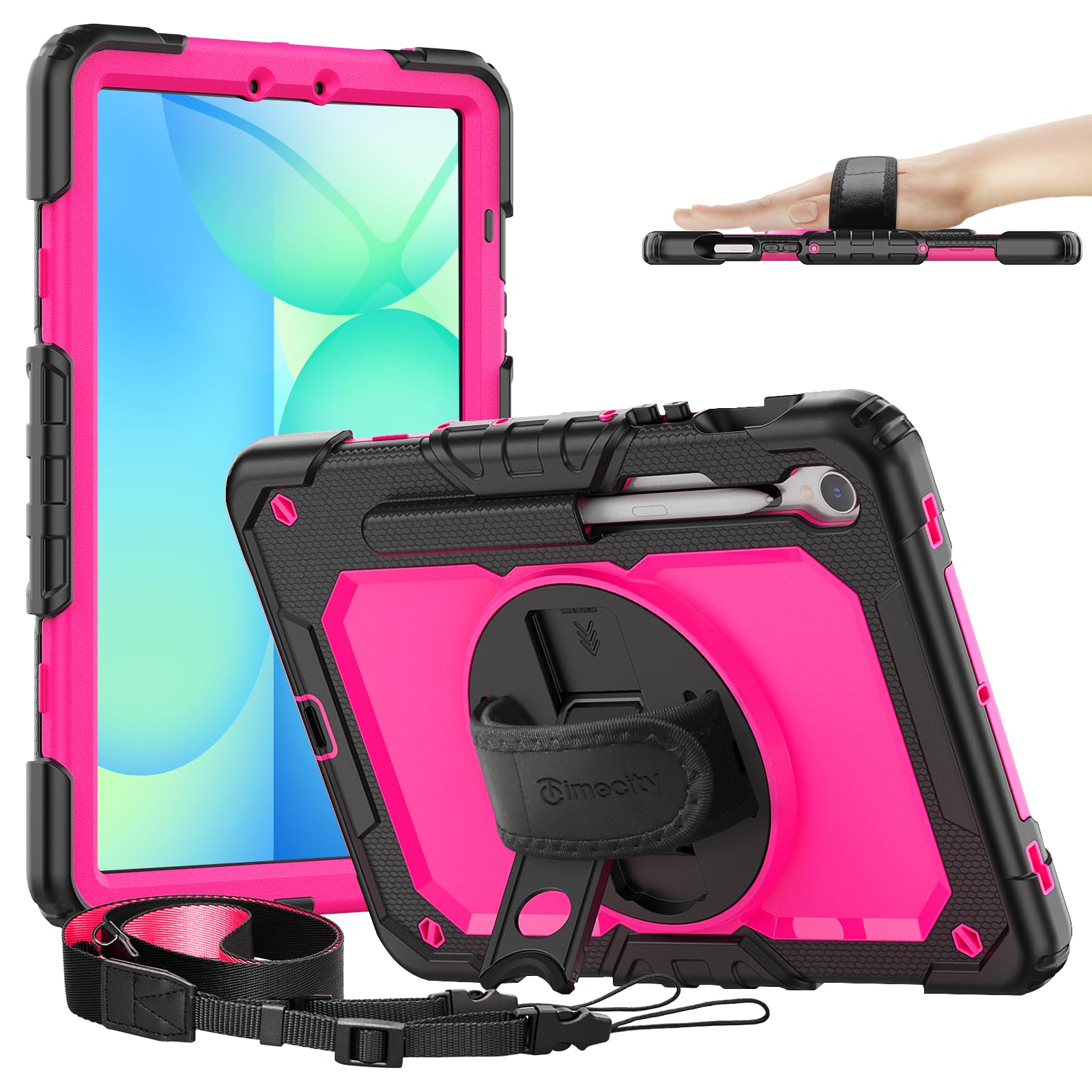 Timecity Coque pour Samsung Galaxy Tab S9 FE 11" 2023 (SM-X510/SM-X516/SM-X710/SM-X716B/SM-X718U) : avec protecteur d'écran, dragonne, support – Rose