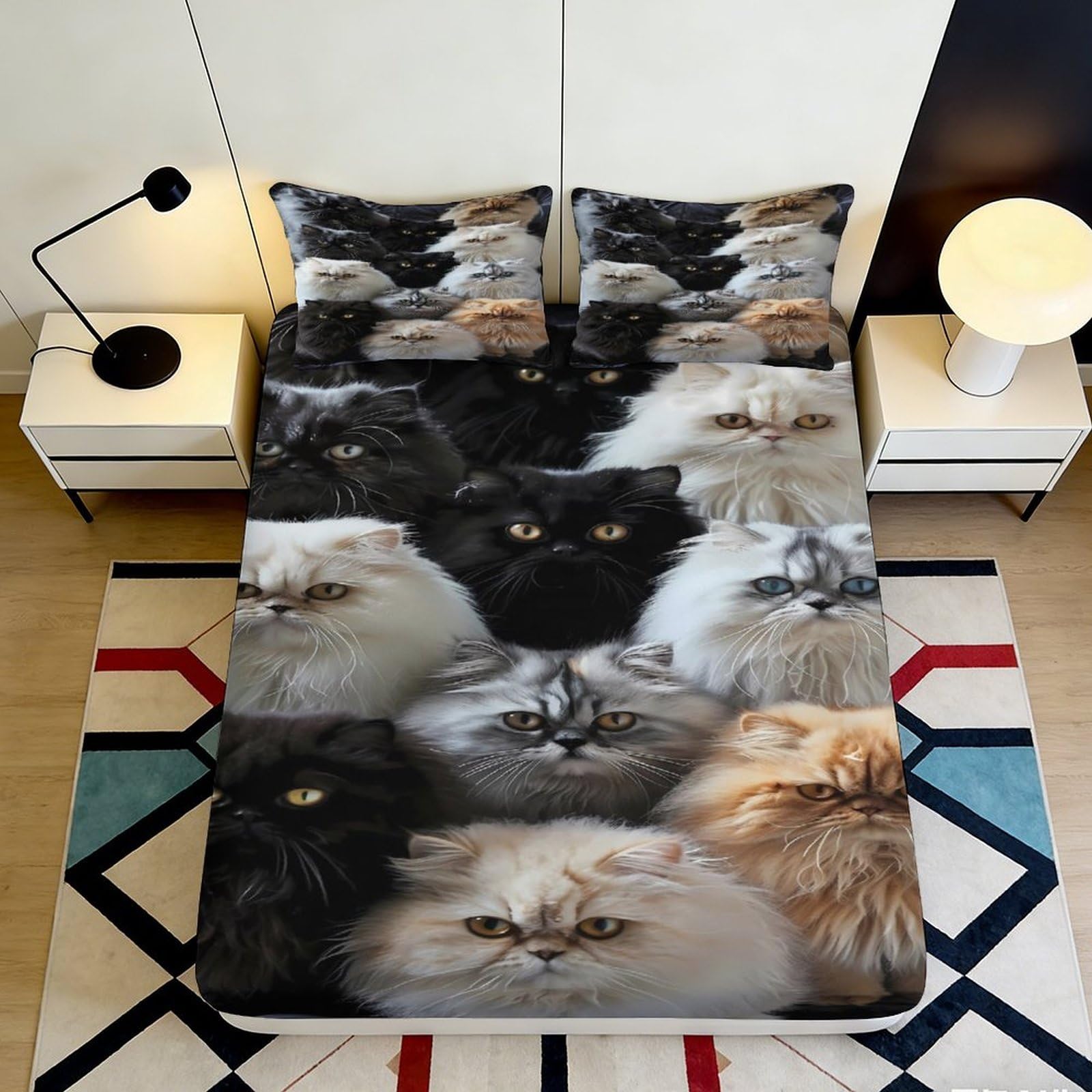 3D Printed Cat Portrait Fitted Sheet Microfiber Soft Bedroom Decor Kitten Mattress Cover for Home Guest Room 90x200x25cm