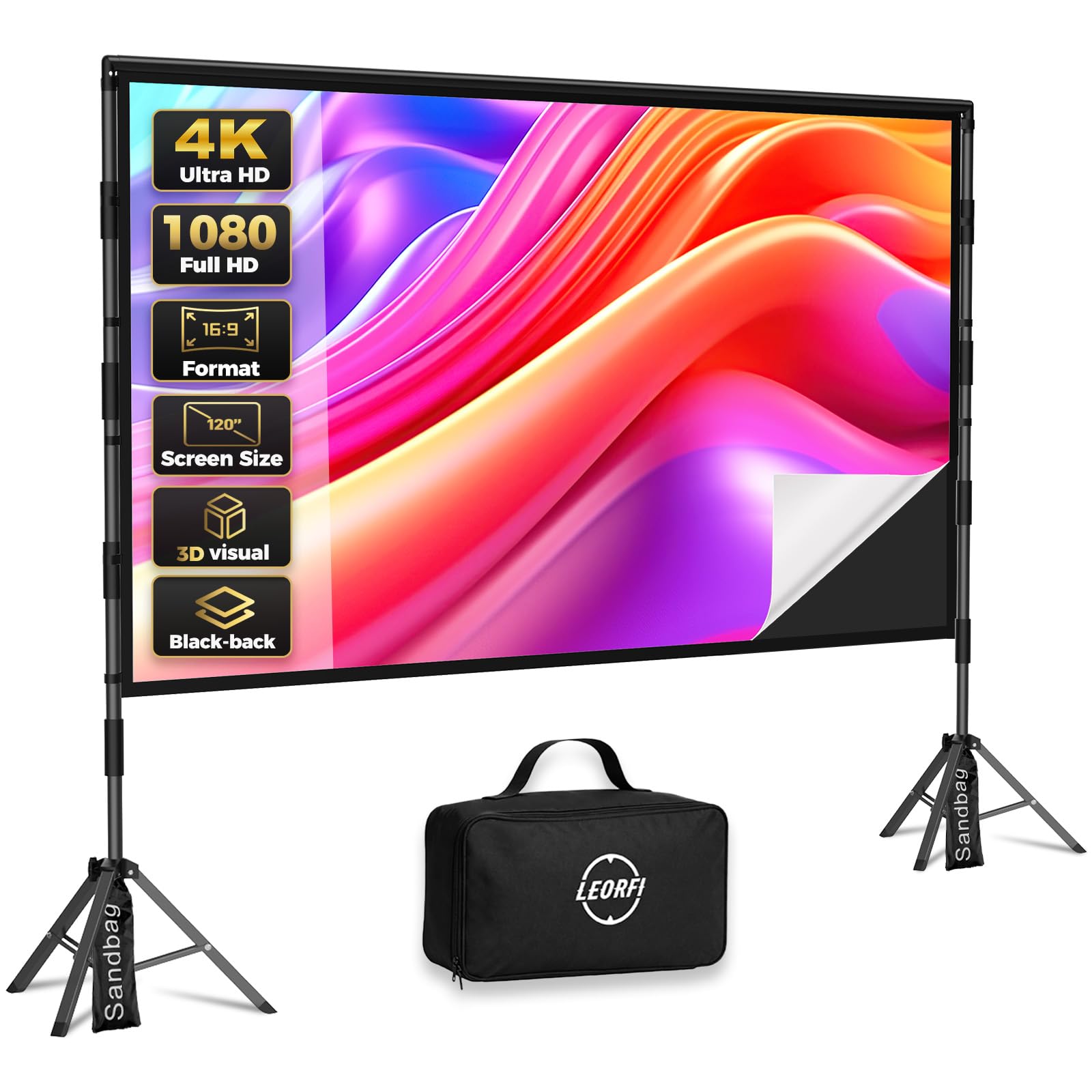 120 Zoll Beamer Leinwand mit Stativ – LEORFI Outdoor & Indoor Projektor Leinwand mit schwarzer Rückseite, Faltfrei, Tragbar, 16:9 4K HD, inkl. Tragetasche für Garten & Heimkino