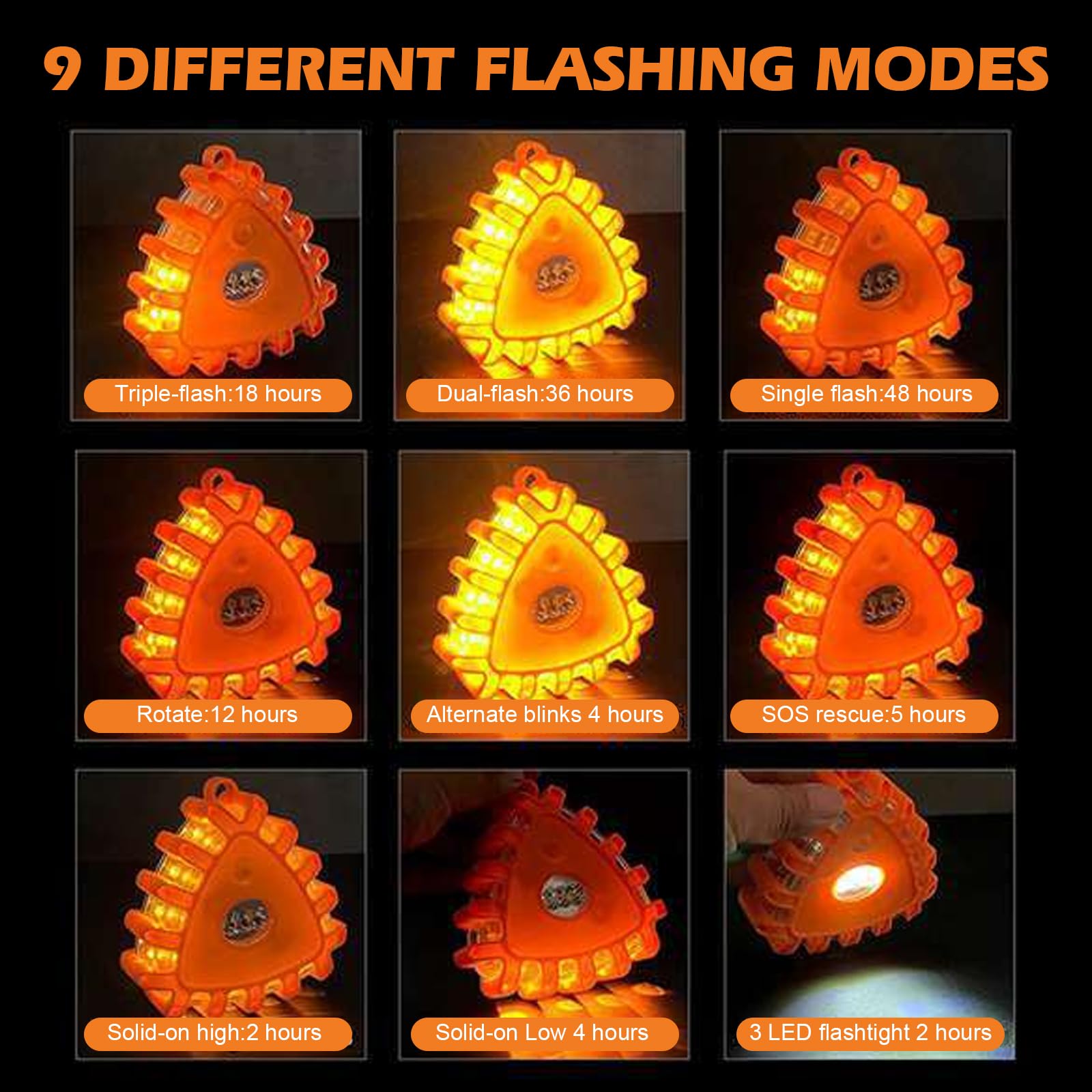 6 luces de advertencia de color naranja, con 9 modos de parpadeo, imán y gancho plegable, resistente al agua y al polvo, para emergencias de vehículos, obras de construcción, exteriores