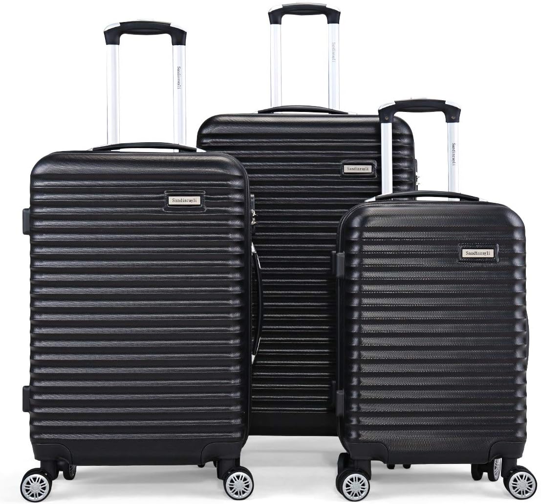 Sandinrayli Hardside Luggage Set, 20" Carry-On, 24" & 28" Suitcase with Spinner Wheel, Lightweight & Durable ABS, Black