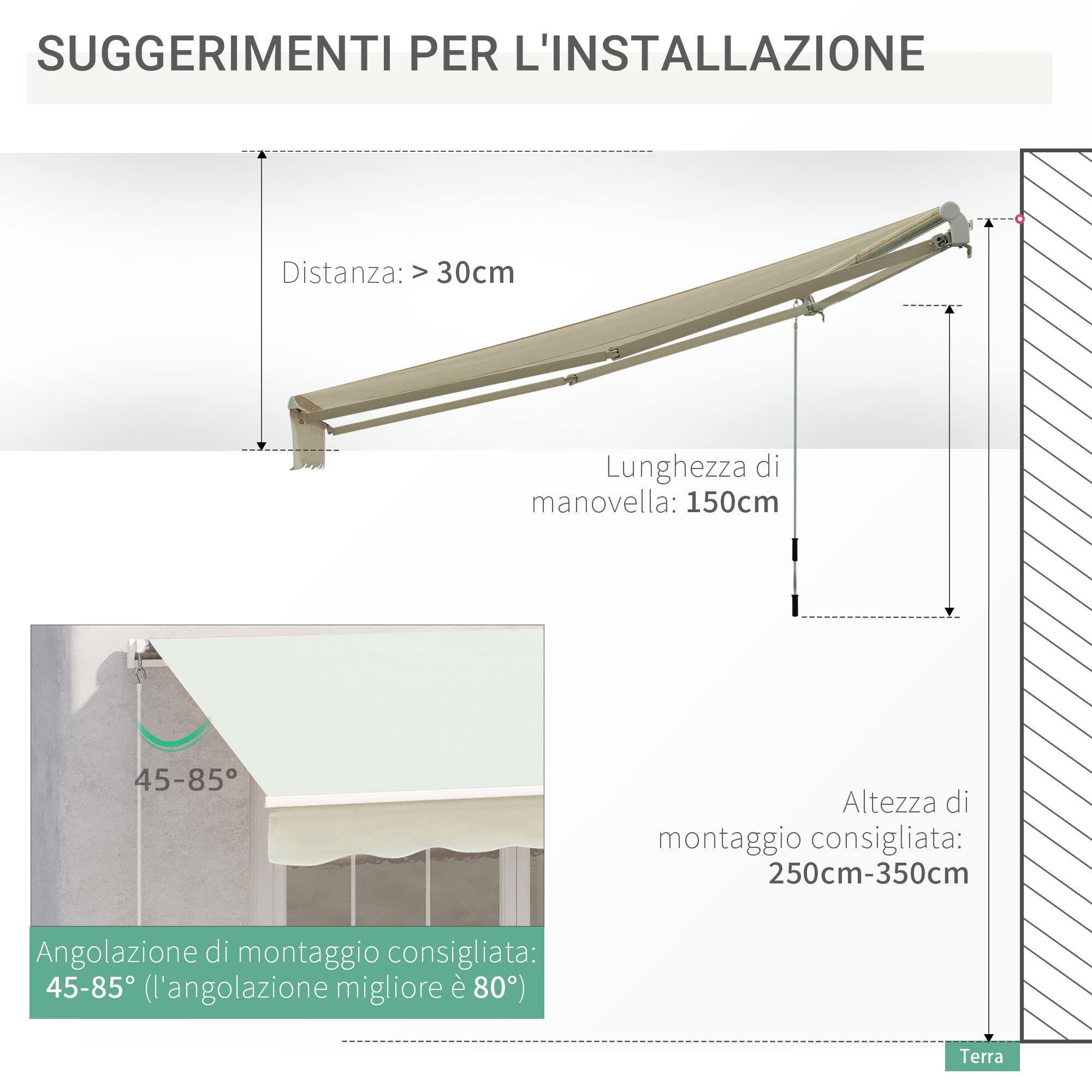 Outsunny Tenda da Sole Avvolgibile a Caduta Manuale 295x245cm Bianco Alluminio Poliestere Anti-UV