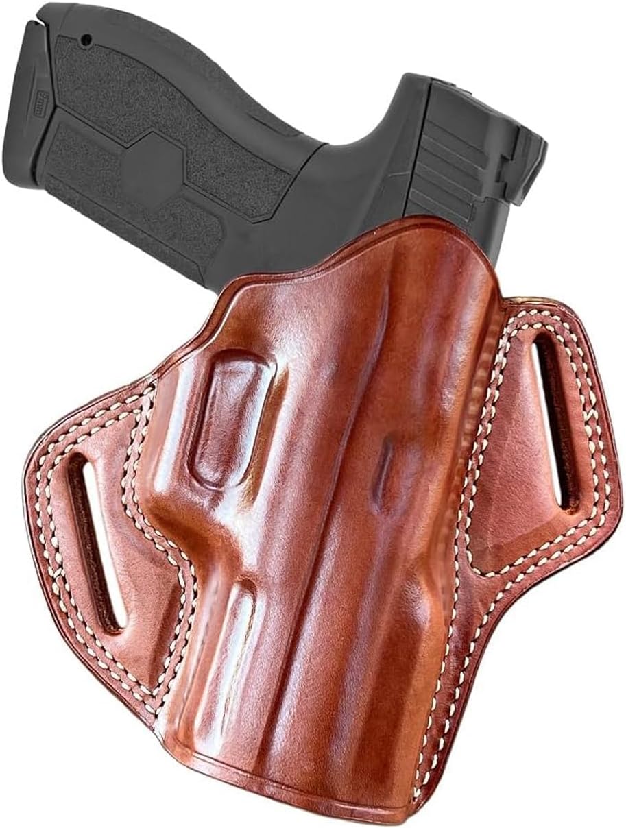 Premium The Ultimate Leather Pancake OWB Belt Holster Open Top Fits IWI MASADA 9mm Polymer Frame Square Trigger Guard 4.1’’ BBL, Right Hand Draw, Brown Color #1527#