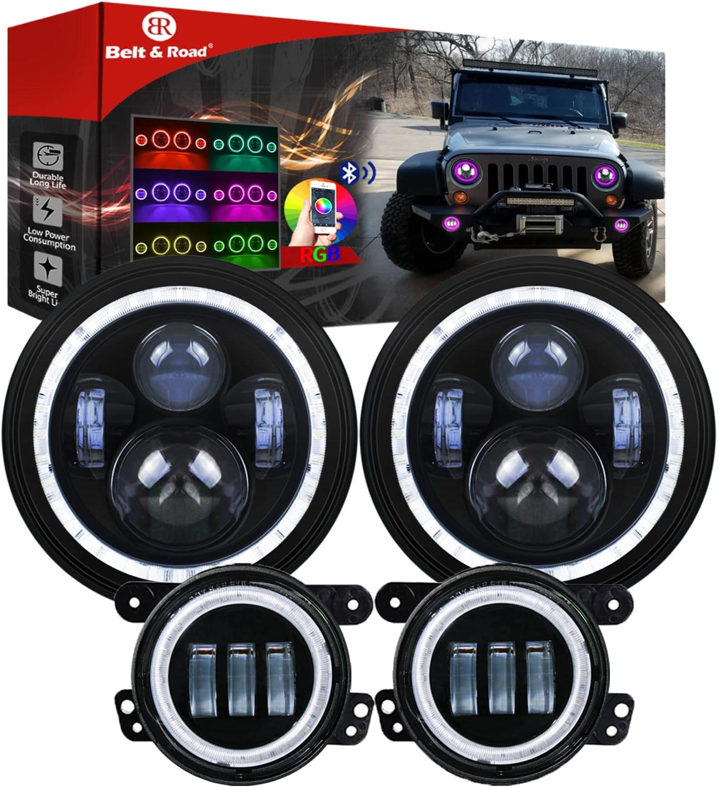DOT Approved 7" RGB Halo Wrangler Headlights + 4" RGB LED Fog Lights Halo Ring Amber Combo Kit For Wrangler 1997-2019 JKU JK Rubicon TJ LJ Willy Wheeler Sahara, Bluetooth Remote Control