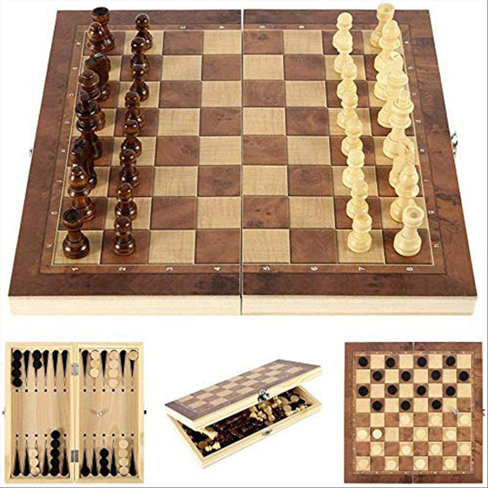 DTNSSTB Wooden Folding Chess Set 3 In 1 Traditional Games Chess Board And Chess Set With Lady Board Backgammon Board Games For Adults Child Luxury Folding Chess Board Gift