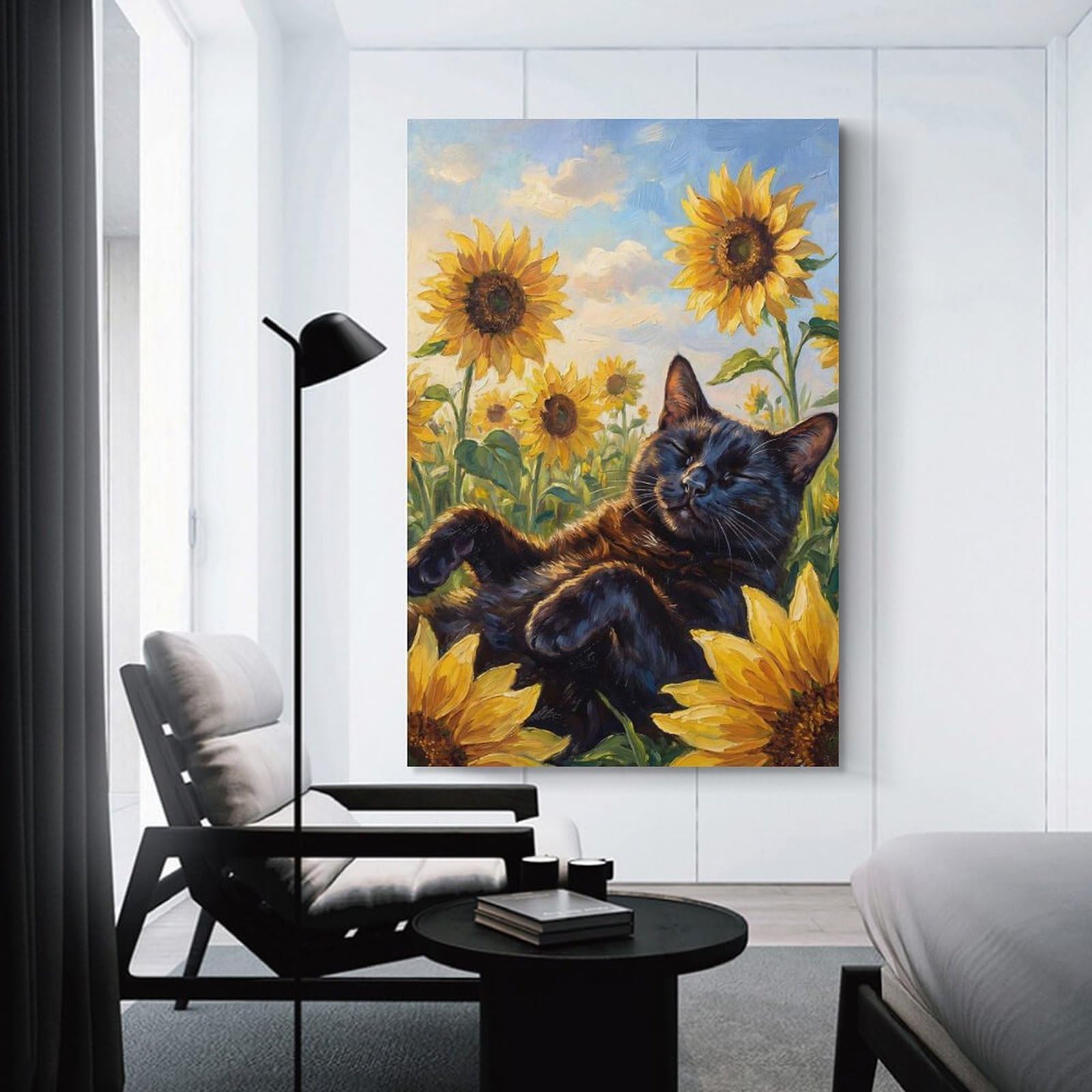 Junmoney Canvas Wall Decor Black Cat in Sunflowers, 08x12inch(20x30cm), for Living Room, Bedroom, Office Or Hallway, Decorative Artwork with Broad Appeal