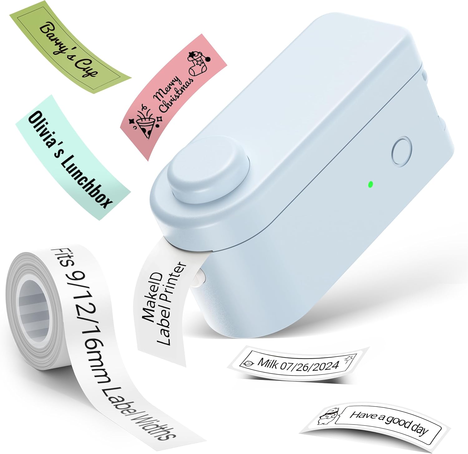 Makeid L1 Label Maker with a roll of label tape and various printed labels.