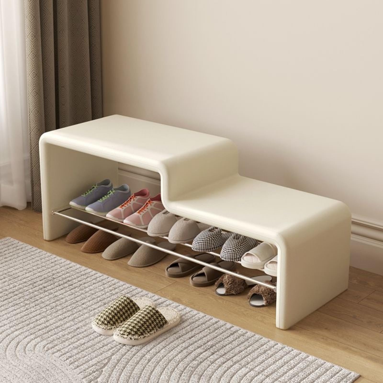 Meuble à chaussures entrée avec coussin similicuir pour se changer confortablement