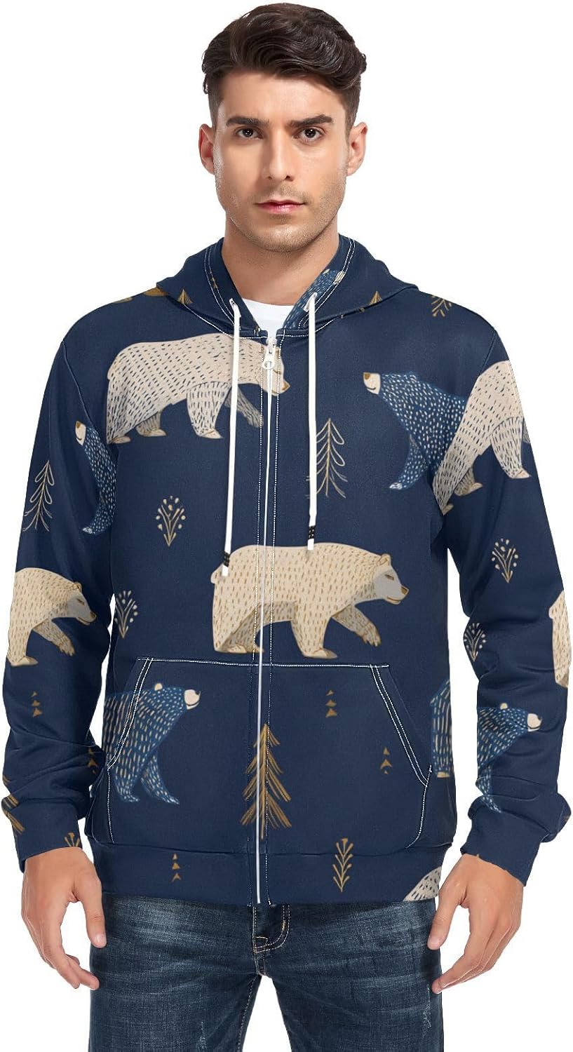 Nordic Style Bear Dark Blue Gold Men's Winter Coat Men's Hooded Fleece Jacket