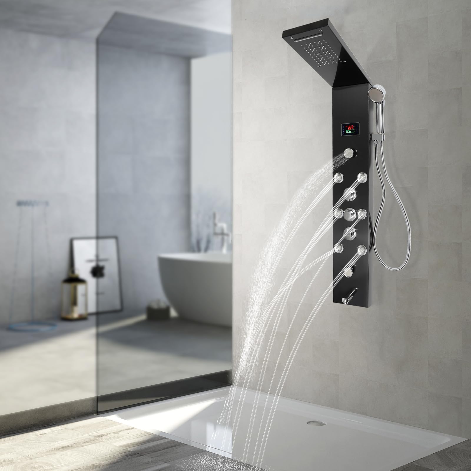 Sistema de ducha LED Panel de ducha de mano, sistema de torre montado en la pared con 8 boquillas de chorros de chorros de cascada de 6 funciones, diseño antigoteo para el hogar, hoteles, resorts