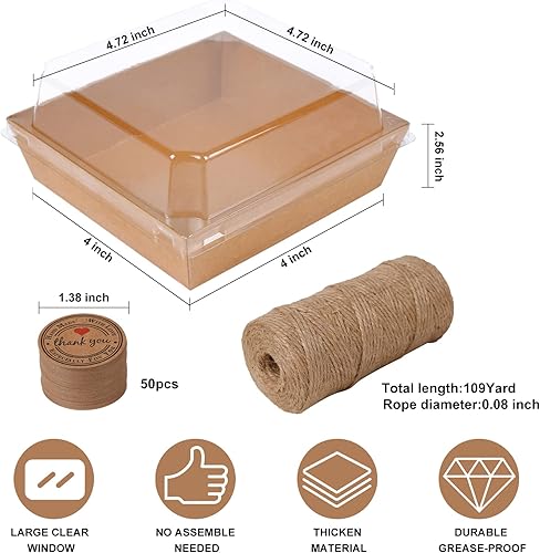 Miniatura 3 de Kosotody Paquete de 50 cajas de charcutería con tapas transparentes, 4 pulgadas, de papel kraft marrón a prueba de aceite, cajas de panadería para