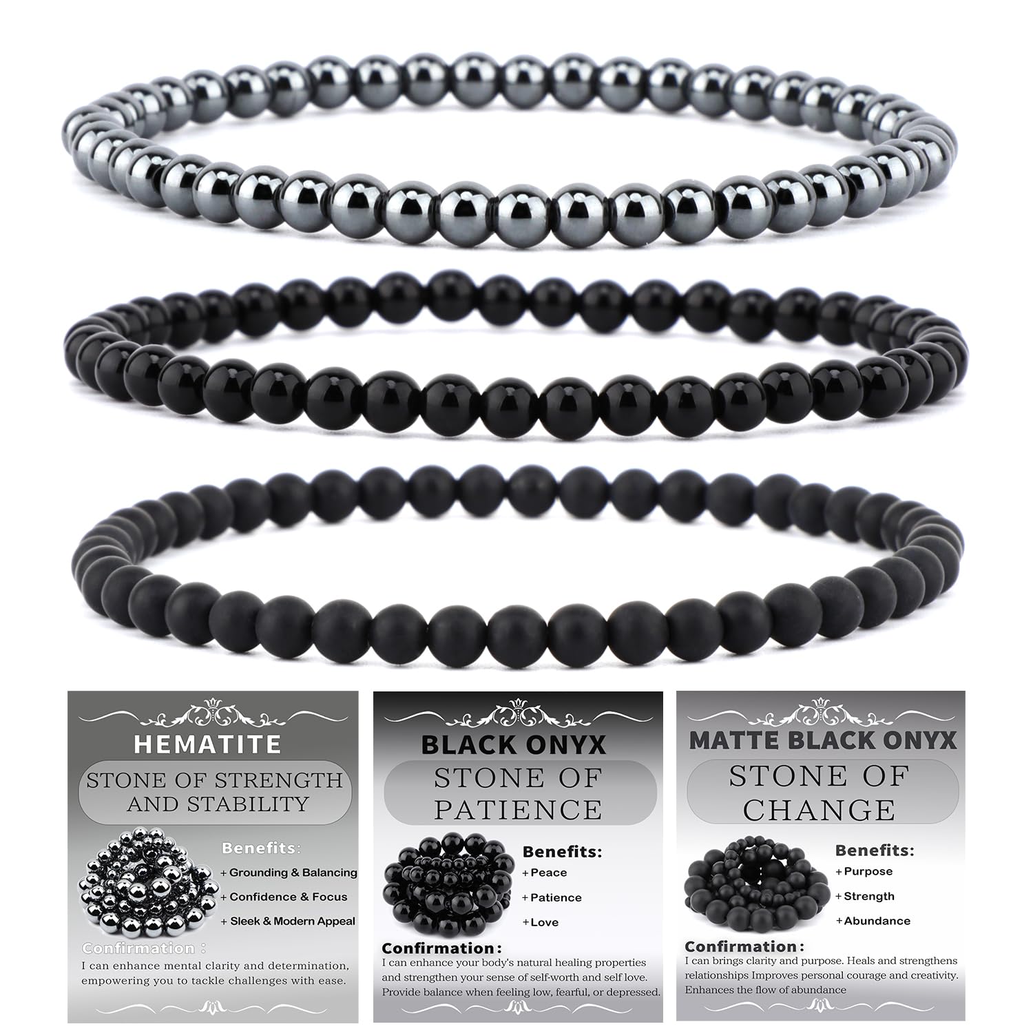 NCB 3-Piece 4mm Natural Crystal Gemstone Stretch Bracelets - Black Onyx, Hematite, Matte Black Agate | Handmade Reiki Healing Jewelry - main product image
