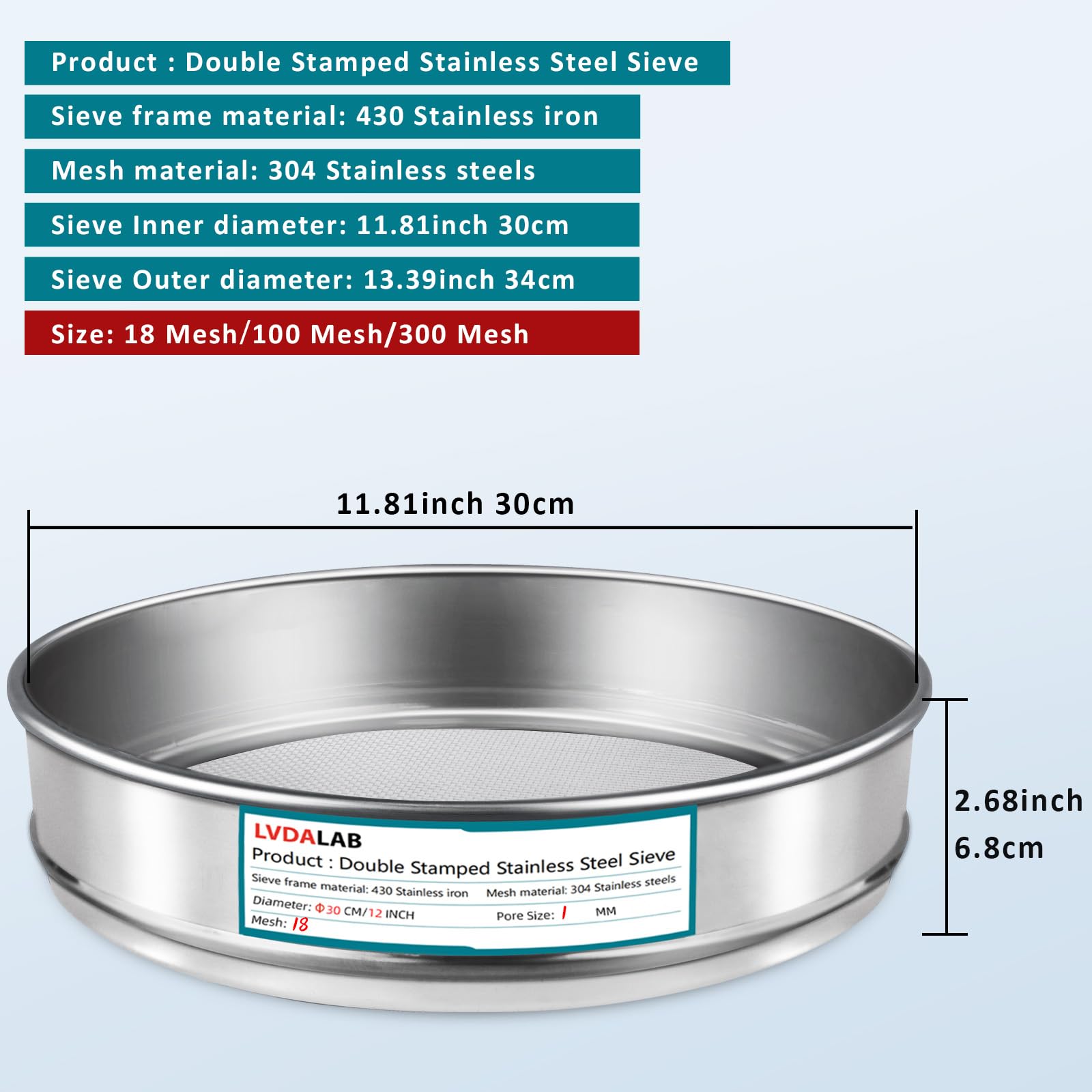 3 Pack 304 Stainless Steel Mesh Lab Sieves, 300 mesh 0.052 mm, 100 Mesh 0.15 mm, 18 Mesh 1 mm Pore Size Test Sieve, 12in(30cm) Dia Economy Test Sieve for Industrial Laboratory Homes