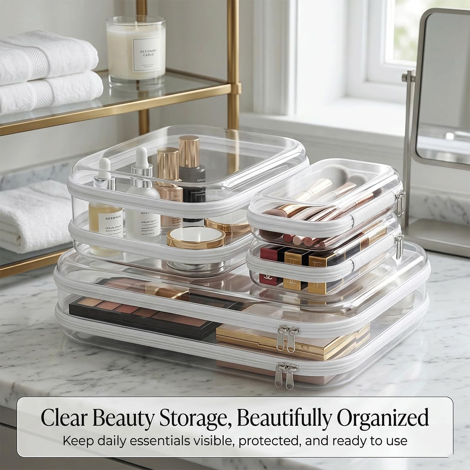 6 Pack Clear Hard Shell Zipper Case, See-Through Hard Plastic Organizer Pouches Zipper for Travel - Toiletries, Electronics, Pencils, Makeup, Secure Storage Design, 3 Sizes (2 Small/2 Medium/2 Large)