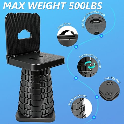 Miniatura 9 de Taburete plegable mejorado con respaldo, asiento telescópico portátil con bolsa de transporte, taburete plegable cuadrado para camping, jardinería,