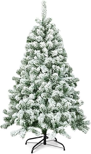 COSTWAY Árbol de Navidad artificial flocado de nieve de 4.5 pies con bisagras con 400 puntas y base plegable