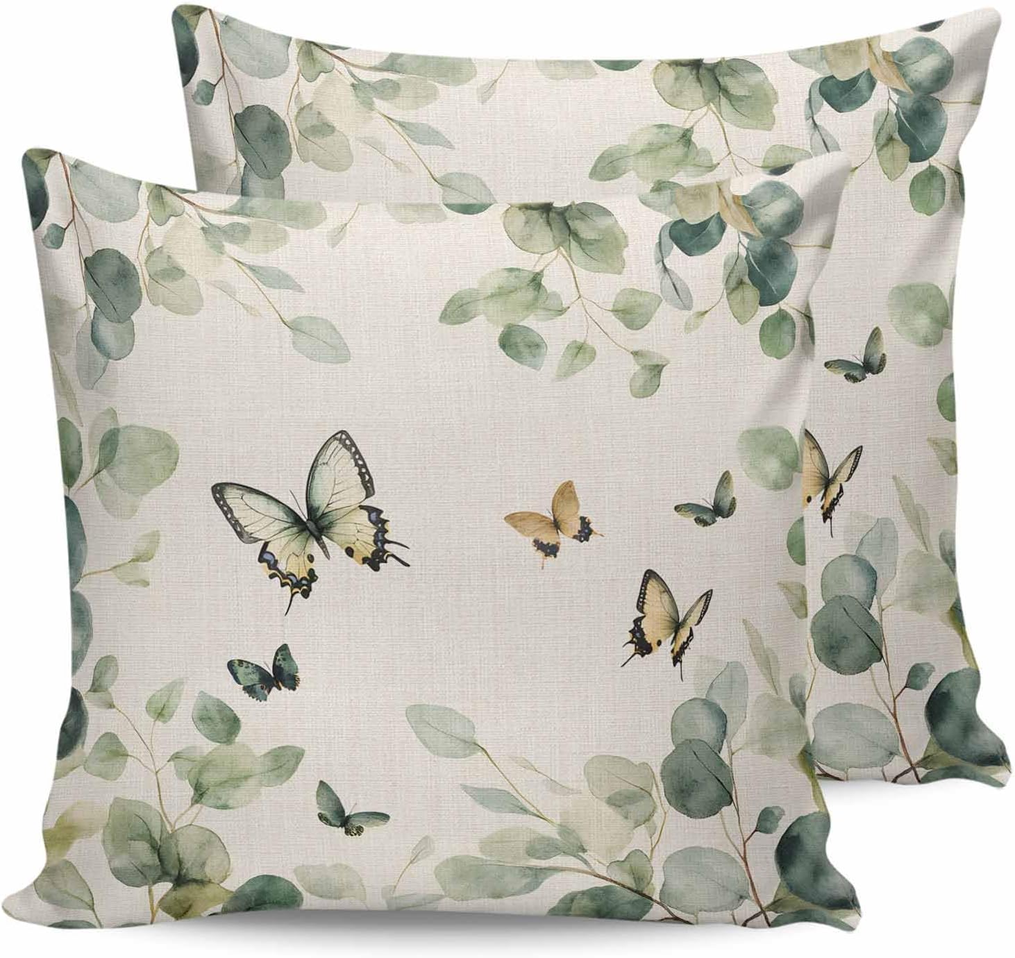 YOKOU Outdoor Waterproof Throw Pillow Covers, Summer Eucalyptus Leaves Pillowcases Decorative Cushion Cover Cases for Patio Balcony Couch, Pack of 2 Square, 20"X20" Spring Butterfly Sage Green Beige