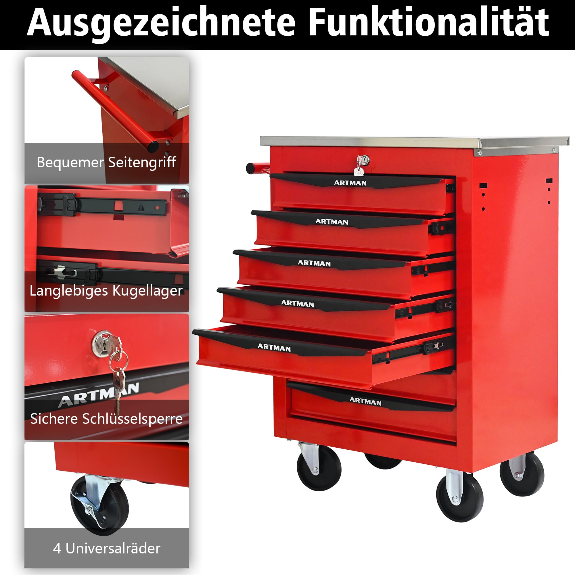 Generisch Carrello portautensili a 7 cassetti in metallo con scivolo a sfera, 4 ruote e serratura a chiave, ideale per garage e officina (56,6 x 34,5 x 78,0 cm, rosso e nero)