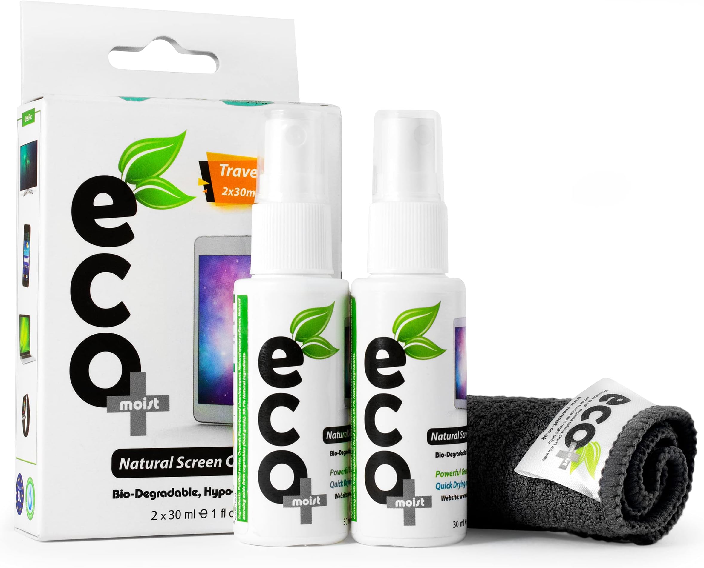 Ecomoist Natural Screen Cleaner 2 X 30ml Travel Pack Fine Microfiber Towel for LCD TFT Plasma Computer Laptop Mobile Touch Screen Tablet Eco Friendly Green Product, White