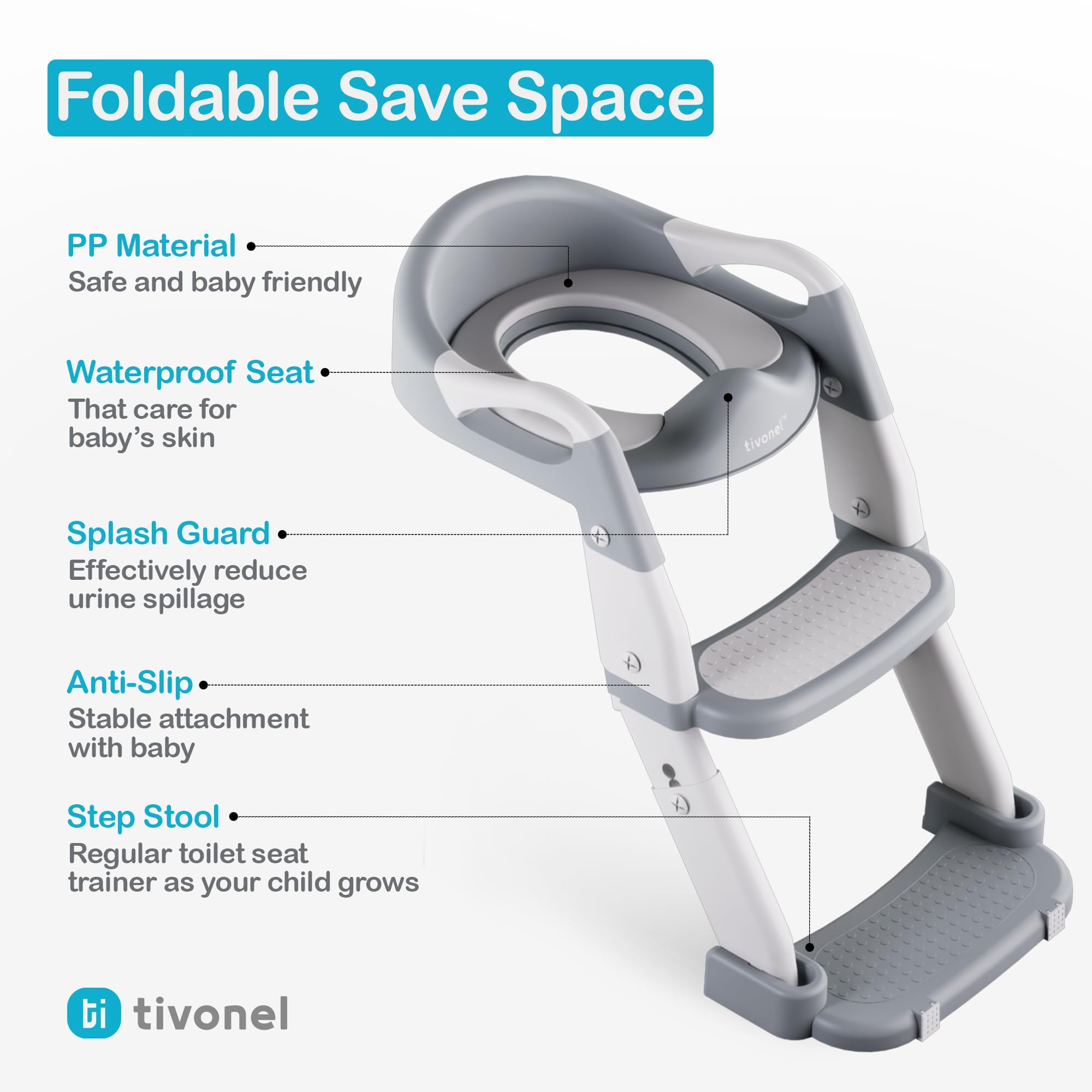 Asiento de inodoro 3 en 1 para niños pequeños con protector contra salpicaduras, almohadilla antideslizante y taburete para niños y niñas (gris)