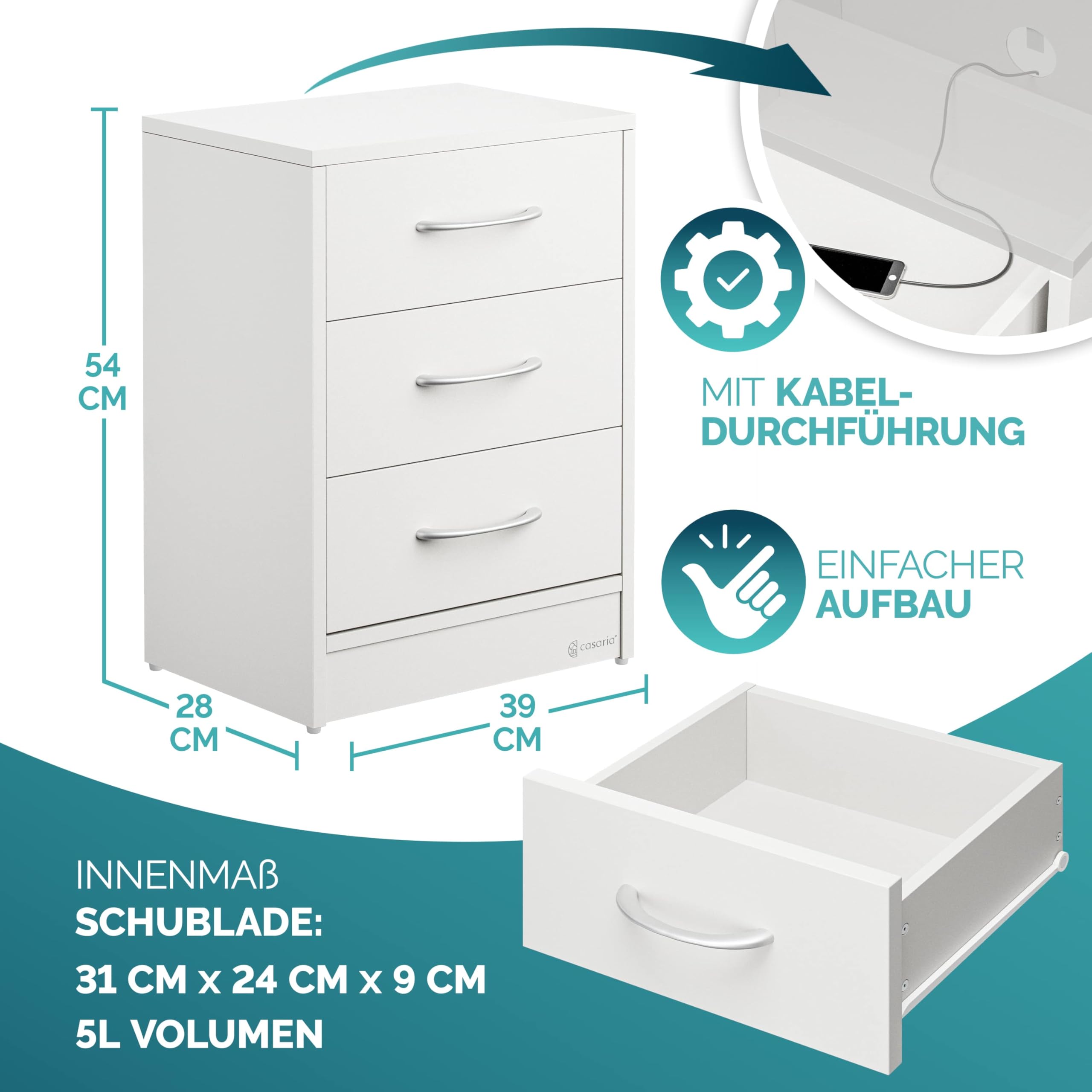 Casaria® Nachttisch Weiß LED 3 Schubladen Kabelführung Wandbefestigung Boxspringbett Schlafzimmer Nachtschrank Nachtkonsole Nachtkommode Holz 54x39x28cm