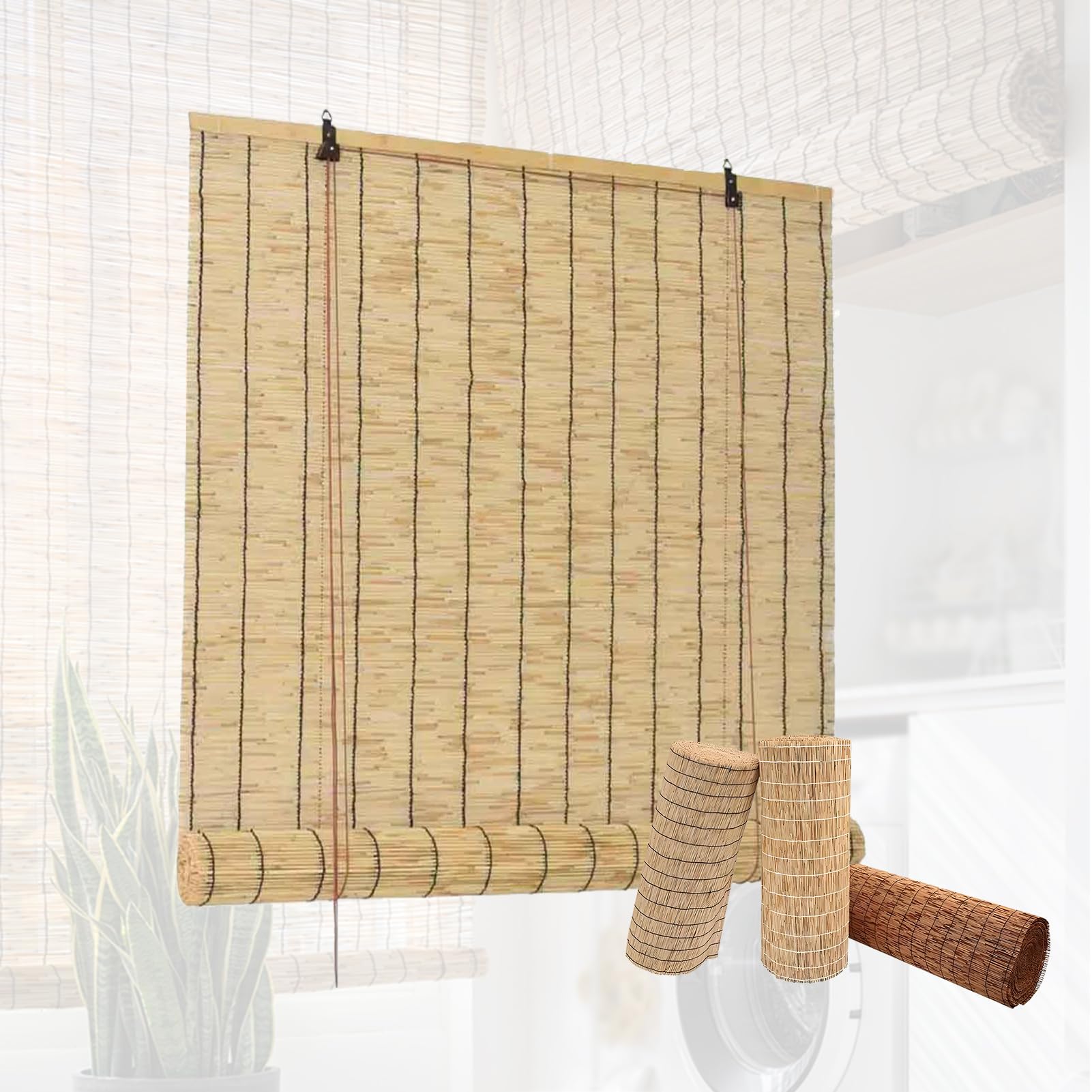 LXSDGVZD Outdoor Roller Reed Blinds Porch Bamboo Shades Natural Retro Reeds Curtain Bamboo Roller Blinds Customizable Size Privacy Screen Light Filtering Sun Protection Window Curtains