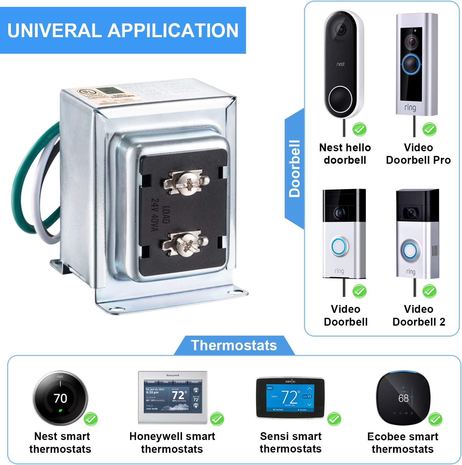 Thermostat and Doorbell Transformer 24V 40VA, Power Supply Compatible with Nest, Ecobee, Sensi and Honeywell Thermostat, Nest Hello Doorbell and All Versions of Ring Doorbell (Style 2) - - 