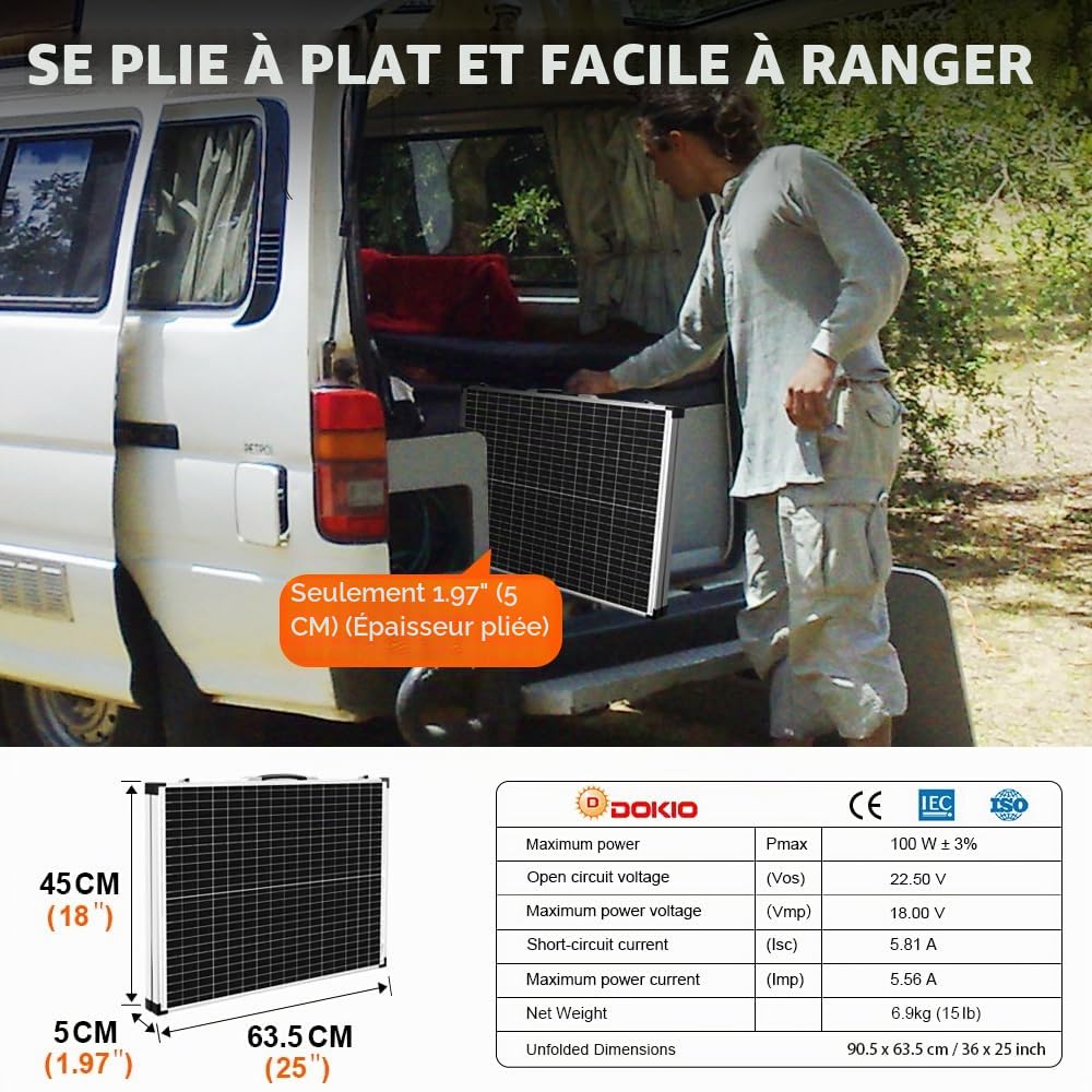 DOKIO Panneau solaire monocristallin pliable 100 W (50 x 2) 12 V
