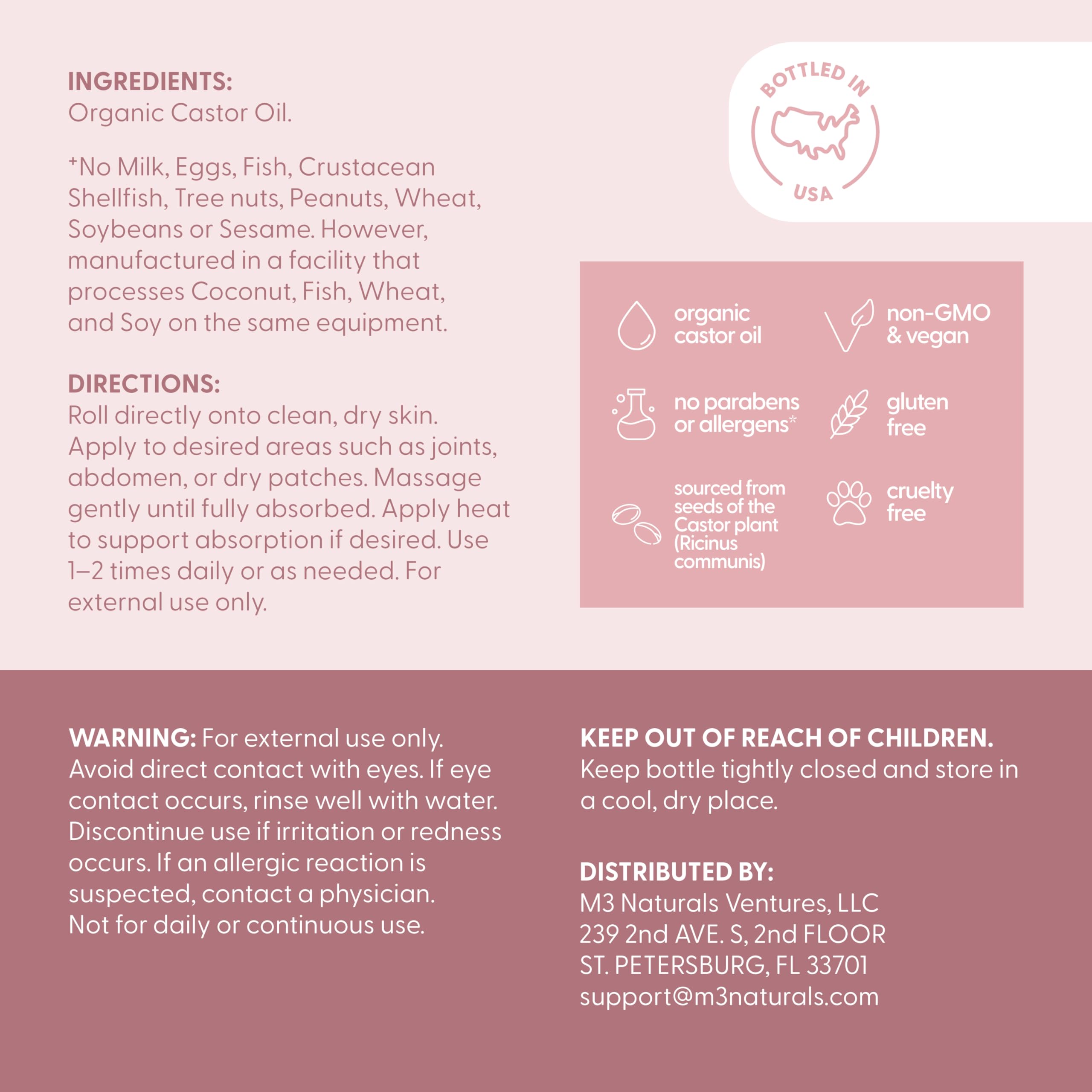 Organic Cold Pressed Castor Oil Roll-On Nourishing Treatment| Hexane-Free, USDA Organic Idea for Hair, Skin & Brows | Mess-Free Applicator, 3 fl 0z (89 mL) by M3