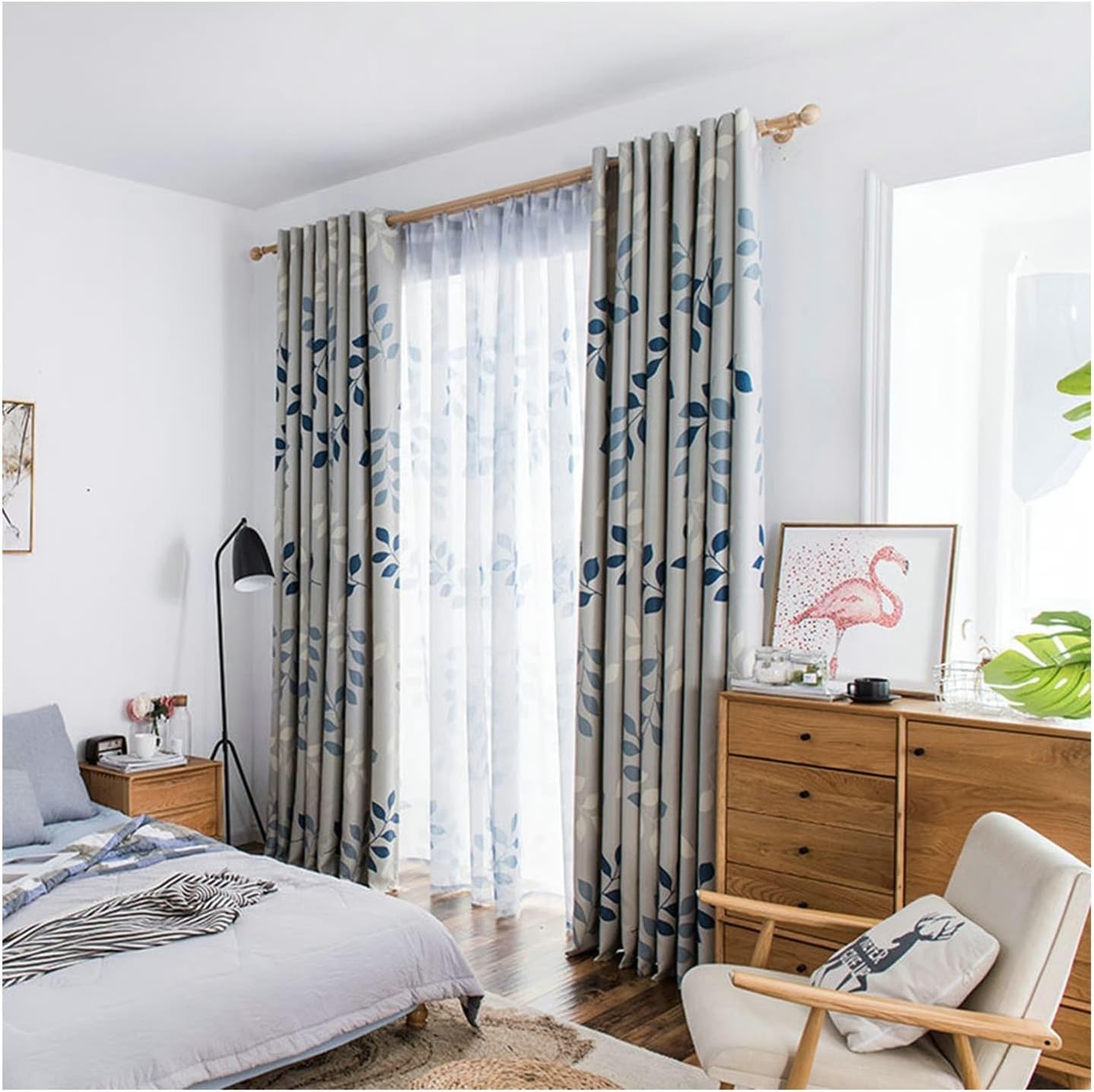 45 Inches Long Blackout Curtains for Bedroom, Blue Window Curtain Panels Polyester Leaf Printed Grommet 2 Panel Set for Living Room, 42 x 45 Inches