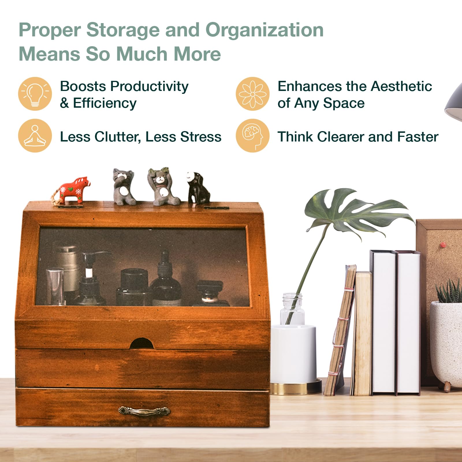 Vintage Tabletop Organizer with Glass Top Compartment -2-Tier Display Cabinet for Desk - Wooden Desktop Storage Box with Drawer and See-through Cabinet - Mahogany Brown Organizing Unit