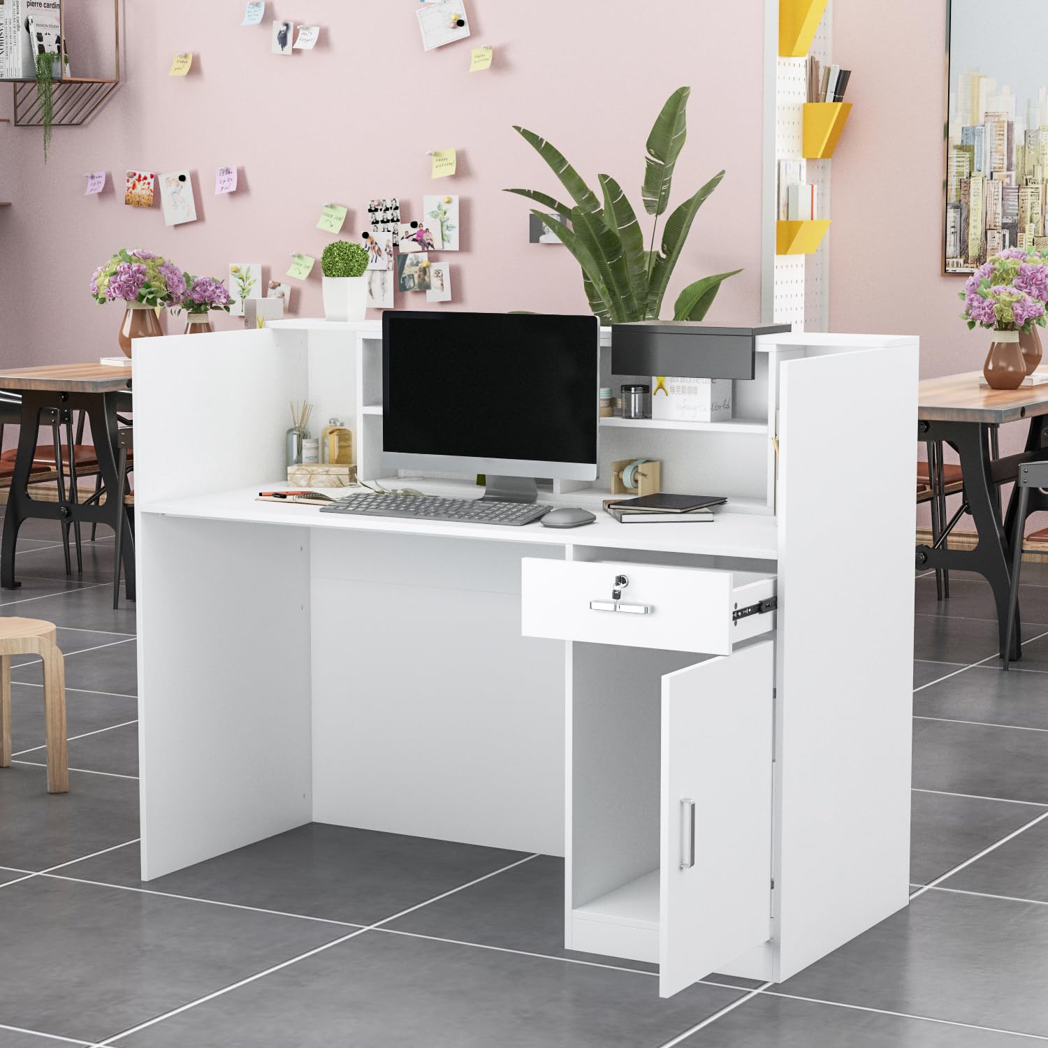 Mostradores de recepción, Mueble de oficina de recepción, Mostrador de recepción con cajones y armarios con cerradura, Mostrador de recepción con estantes abiertos ajustables, 140X60X110cm, MDF