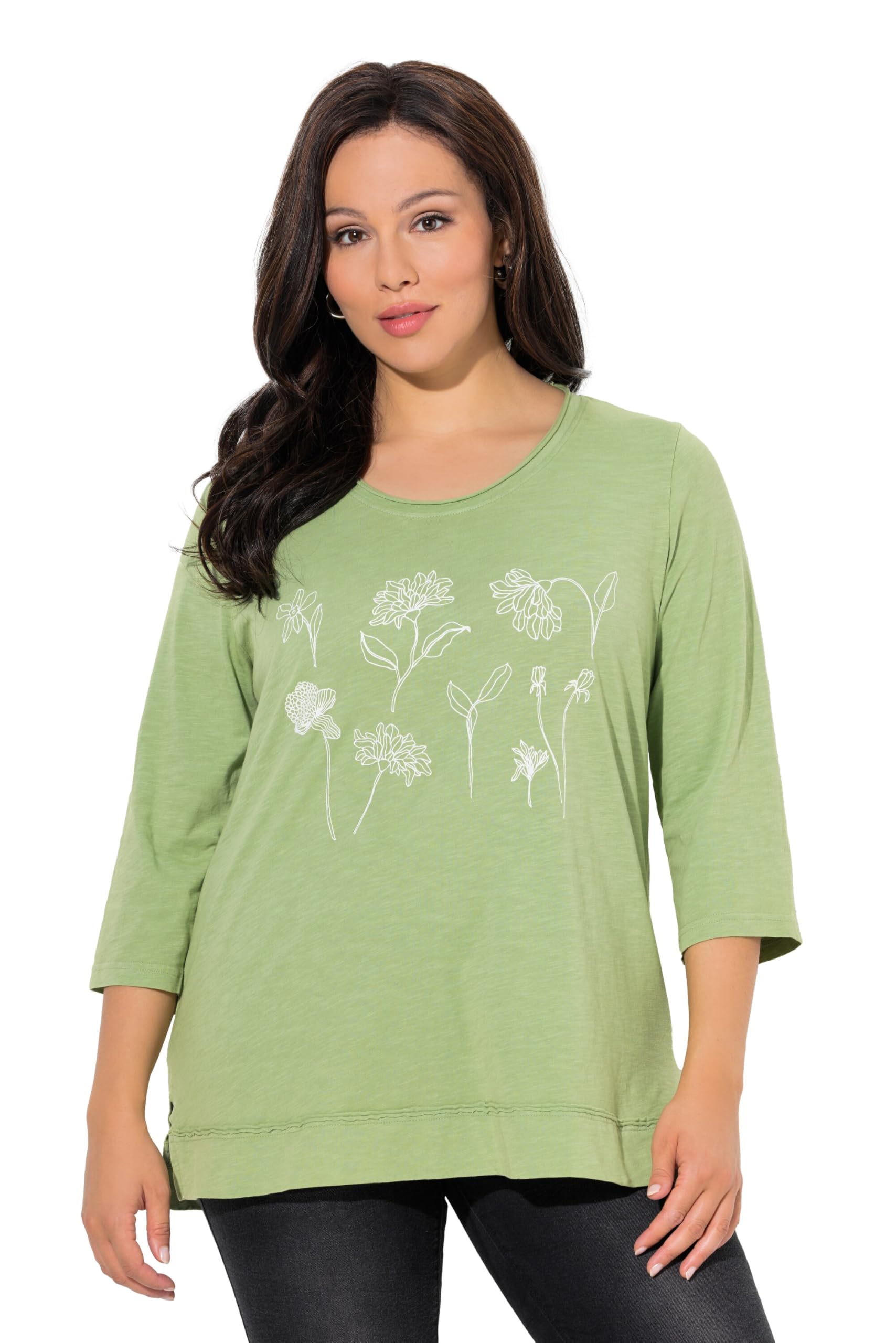 Ulla Popken Damen große Größen Übergrößen Plus Size Shirt, Blüten, Classic, Rundhals, 3/4-Arm 845829