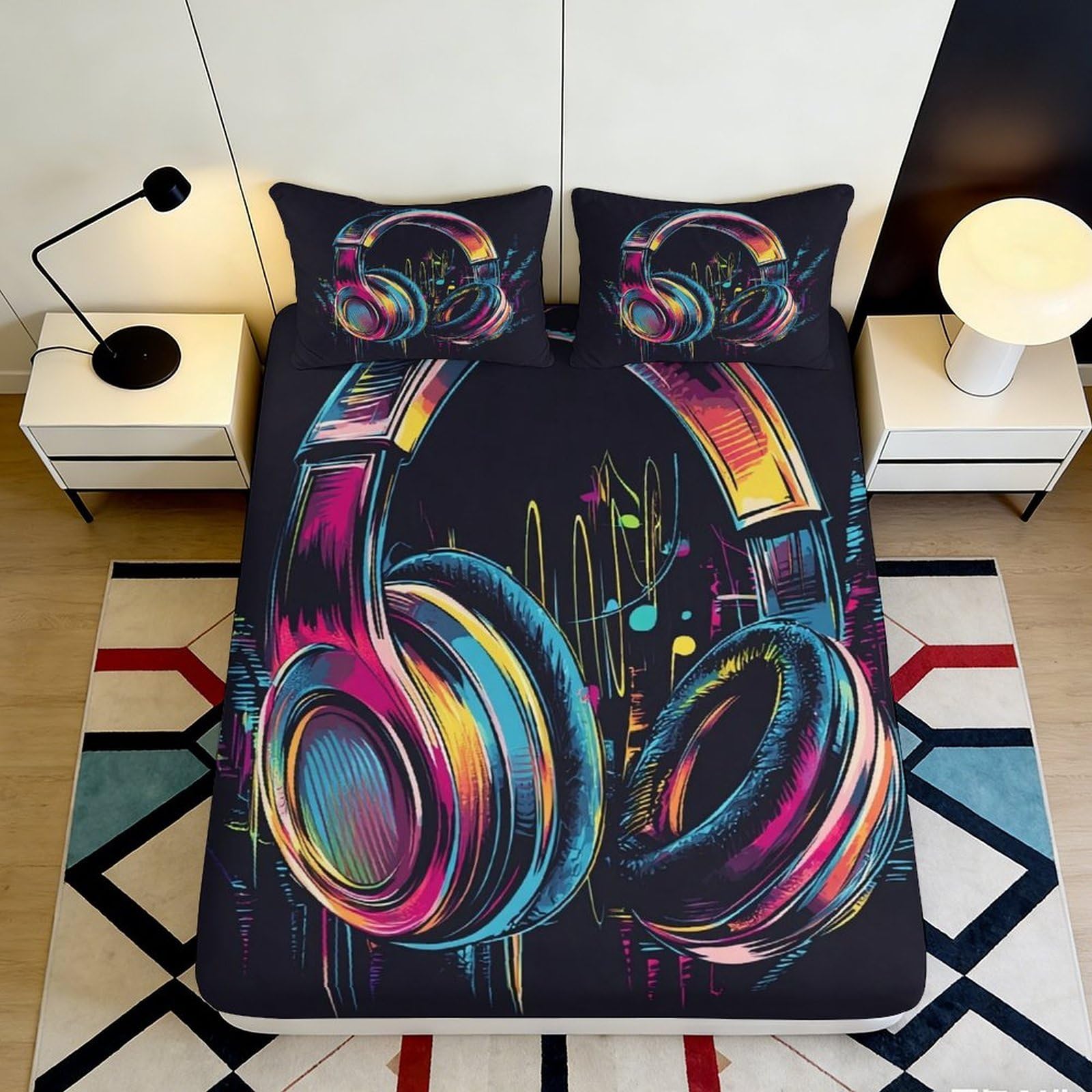 Qjzxknhpgr Style-7 3D Printed Colorful Headphone Fitted Sheet Microfiber Soft Bedroom Decor Artistic Mattress Cover For All Ages 90X200x25cm