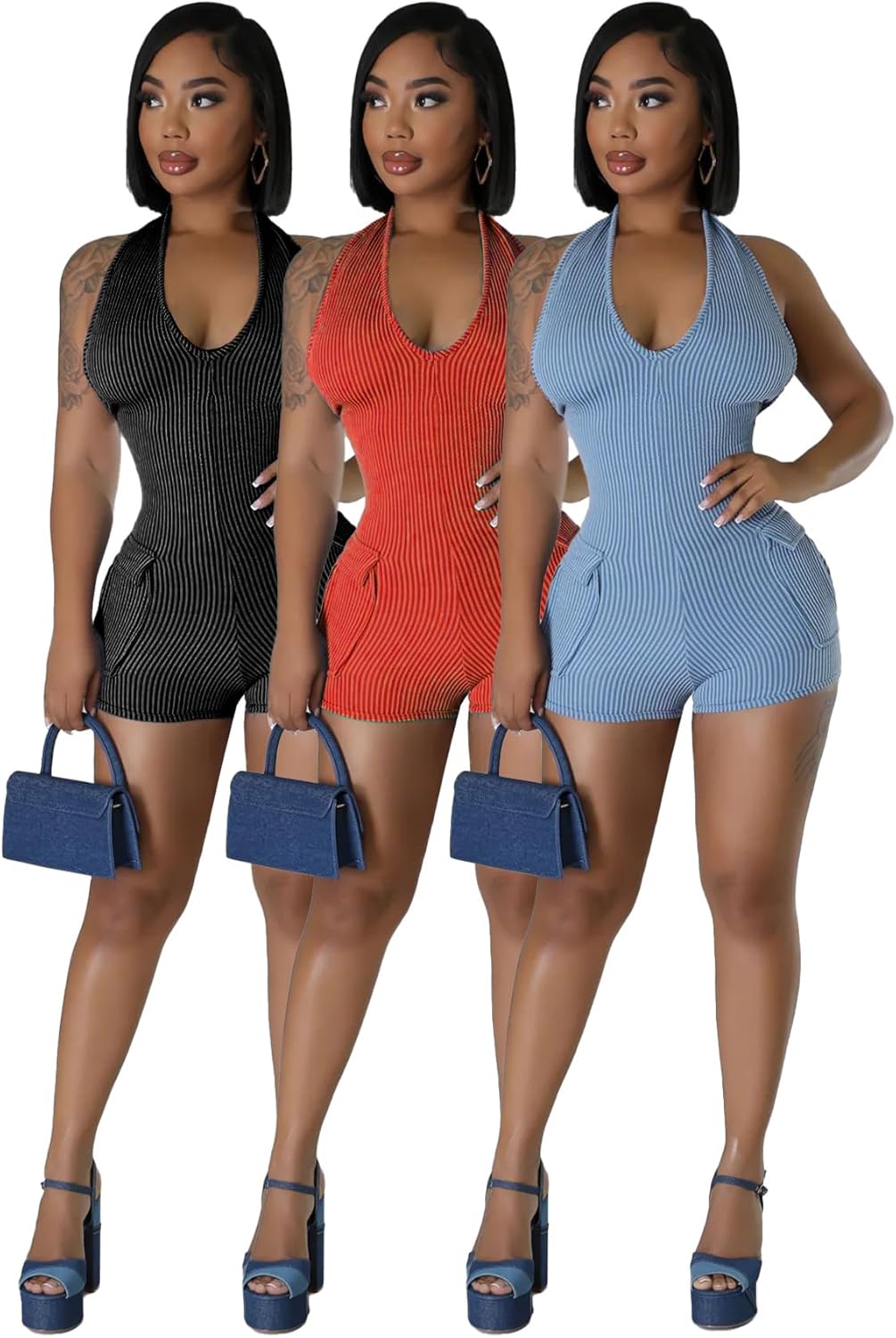 Molilove Women's Sexy Short Jumpsuits V Neck Sleeveless High Elasticity Short Rompers with Pockets Bodycon One Piece Outfits - Image 6