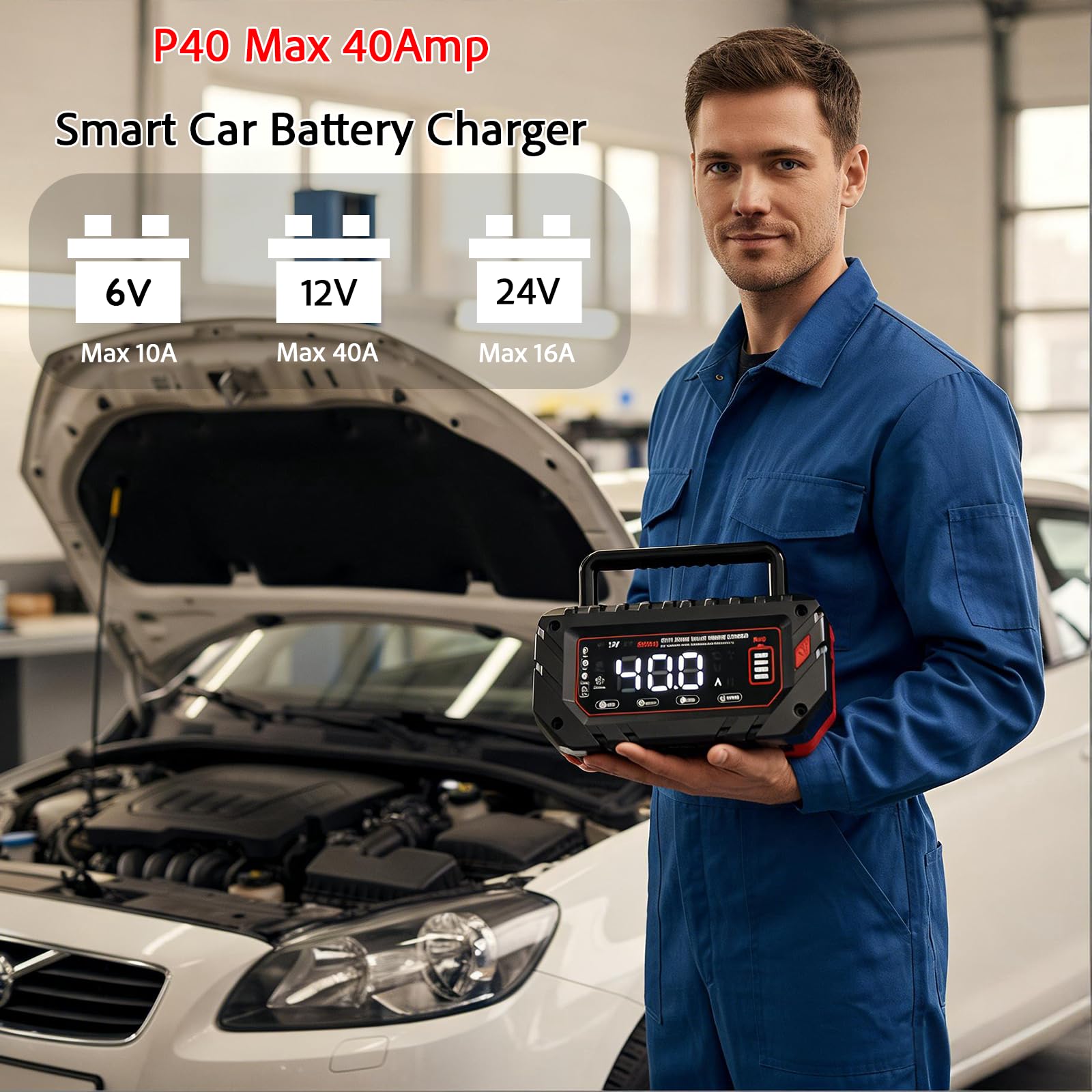 Cargador de Batería Coche Inteligente WARMFORWEL P40 40A, 6V/12V/24V Pulse para Litio/LiFePO4/AGM/Plomo, con Pantalla LCD y Control Temperatura para Camión Motocicleta