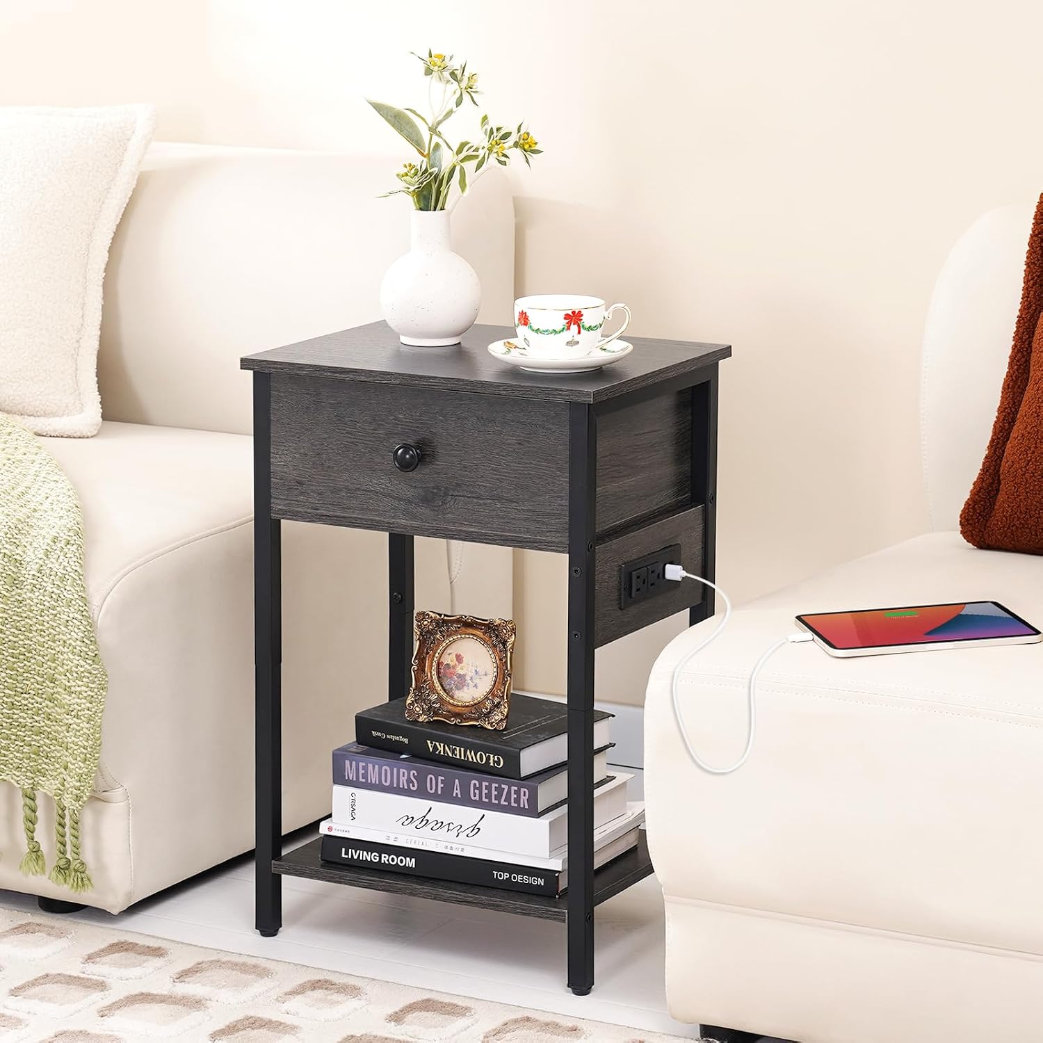 Yoobure Nightstand with Charging Station in a living room setting.