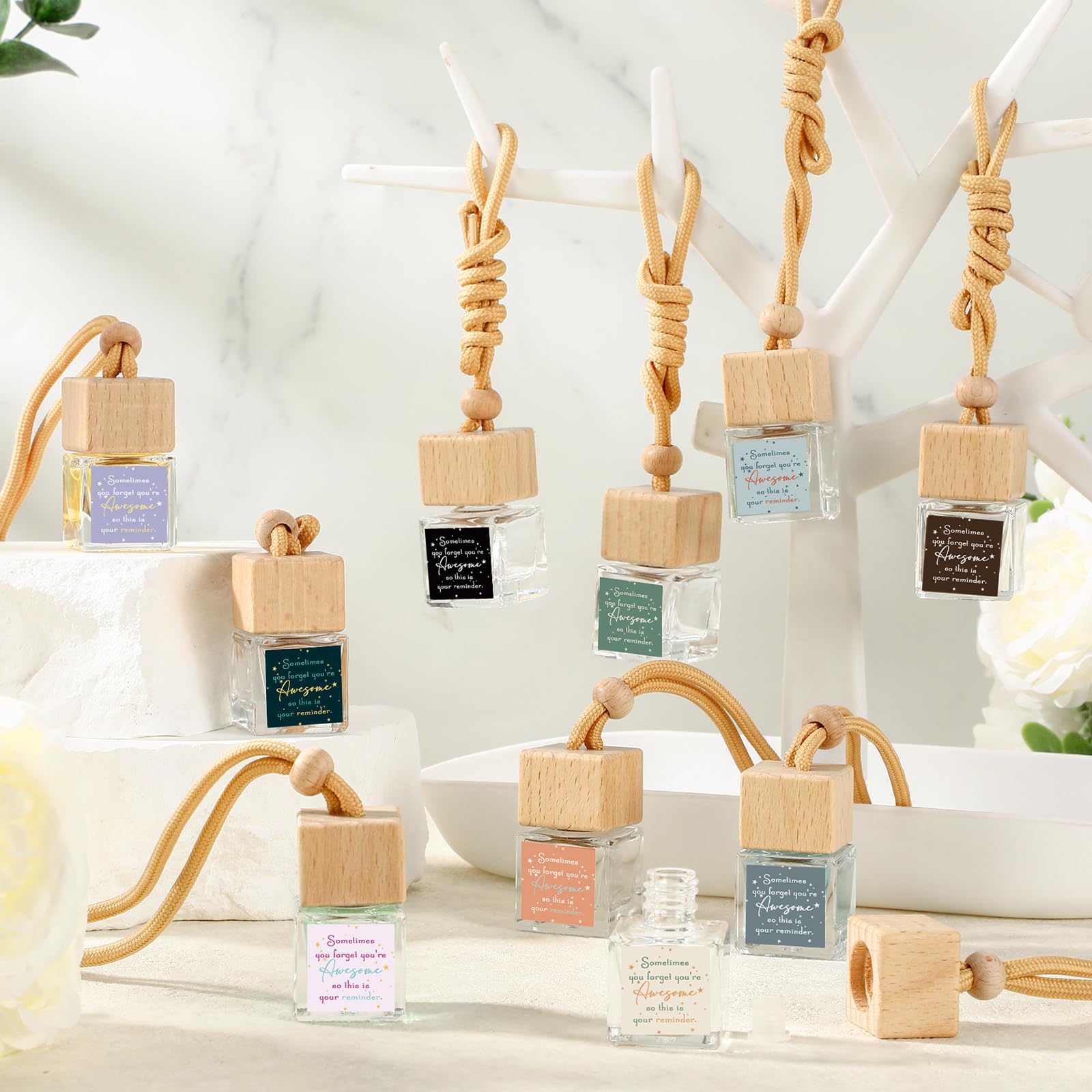 Funnymoom 30 piezas de regalo de equipo, regalos de agradecimiento a granel, difusor de aire para coche, botellas difusoras de vidrio, difusor de aceite, colgante de perfume para coche, regalo de