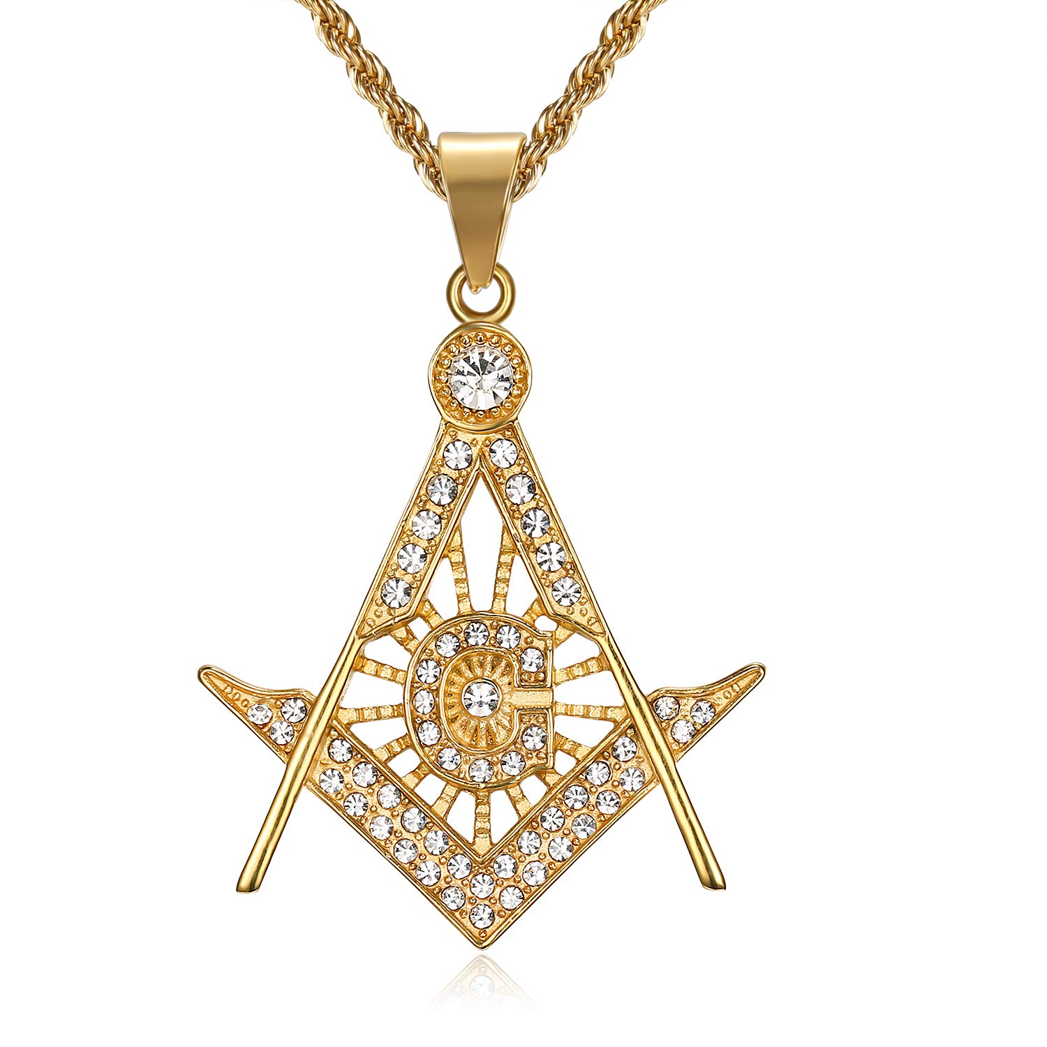 Lee Island FashionCZ Fully Iced-Out 3D Blue Evil Eye Inlay Freemason Pendant Stainless Steel Necklace for Men Boys, 24 inch Chain Egyptian Protection Hip Hop Jewelry, Cubic Zirconia, Rhinestone