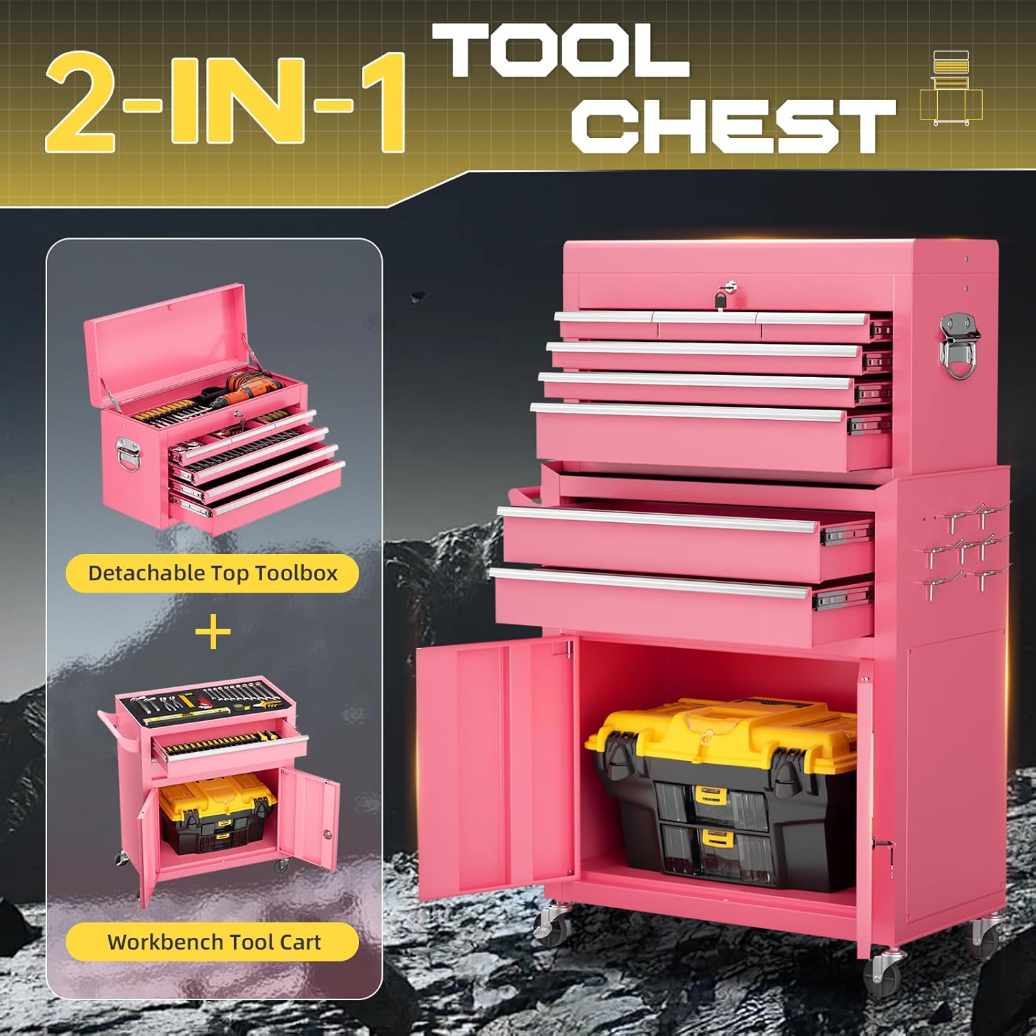 8-Drawer Heavy-Duty Tool Chest with Lock, Mobile Tool Cabinet Cart on Wheels, High-Capacity Mechanic Tool Storage Organizer for Garage Workshop​