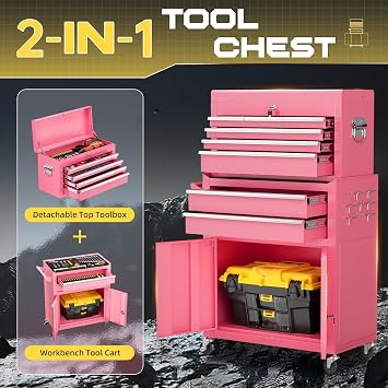 8-Drawer Rolling Tool Chest with Lock, Detachable Tool Cabinet Cart with Wheels, High-Capacity Mechanic Tool Storage for Garage Workshop Warehouse (Pink)