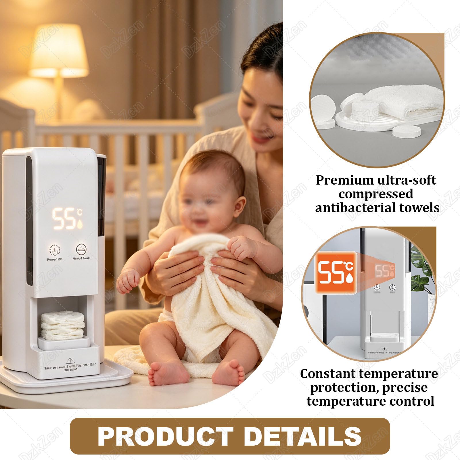 Dispensador automático de toallas calientes, calentamiento rápido de 5 segundos, temperatura constante de 55 °C, alertas de voz inteligentes para spa, hogar, gimnasio, salón y tienda de mascotas, 60