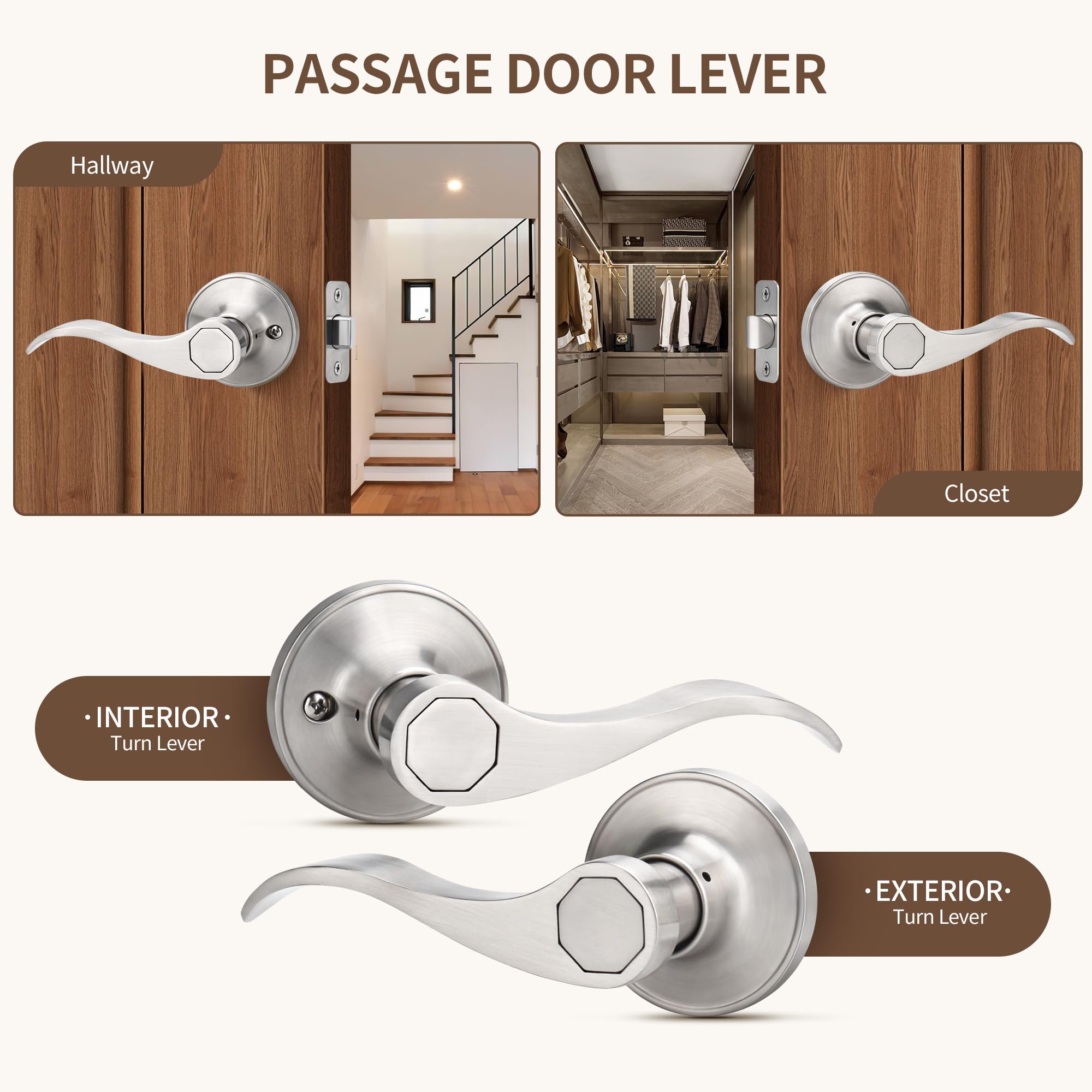 Moquin Manija de puerta de paso con diseño de onda sin llaves ni cerradura, manija de puerta reversible para armario derecho/izquierdo/cerradura de puerta de pasillo en acabado de níquel satinado