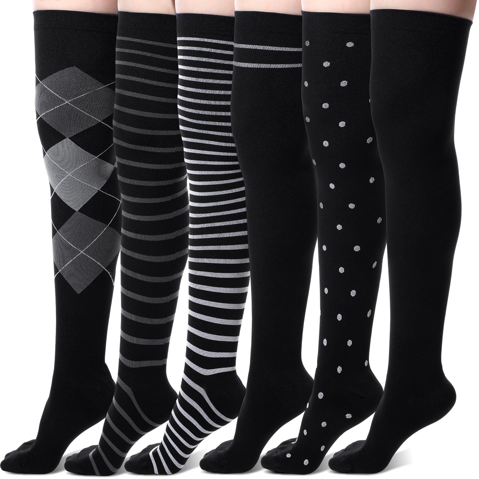 6 Pair Thigh High Compression Socks for Women Men 15-20 mmHg Over the Knee Compression Support Stockings for Hiking Nurses Running Recovery-image-13