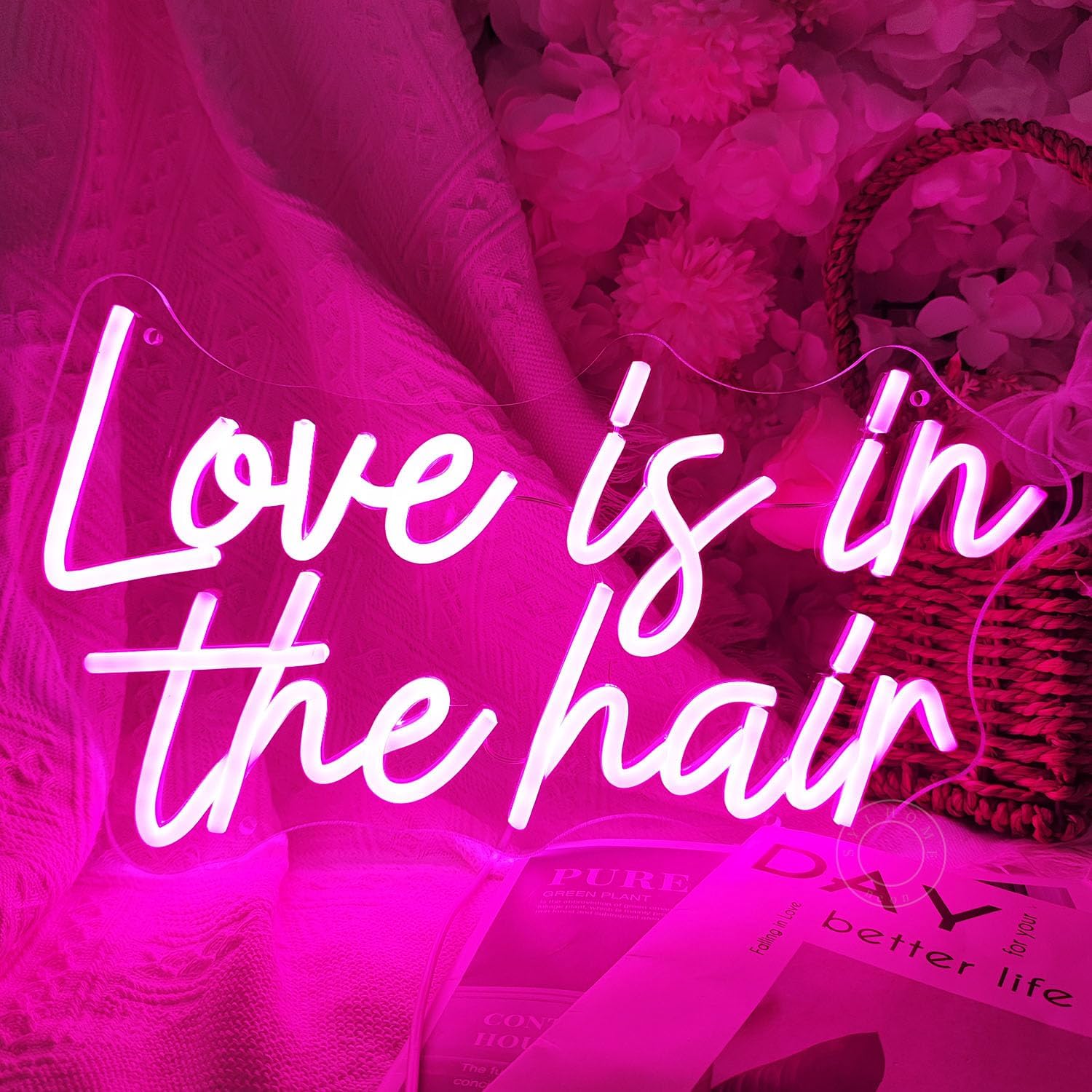 SYLHOME Love Is In The Hair Led Neon Light Sign Barber Shop Beauty Hair Salon Makeup Studio Bedroom Wall Decor Sign Hairdresser Business Bar Decoration USB 15.75"X8.8"