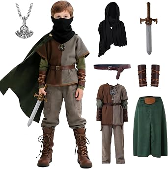 8 Pcs Medieval Viking Costume for Kids Boys Renaissance Dress Up